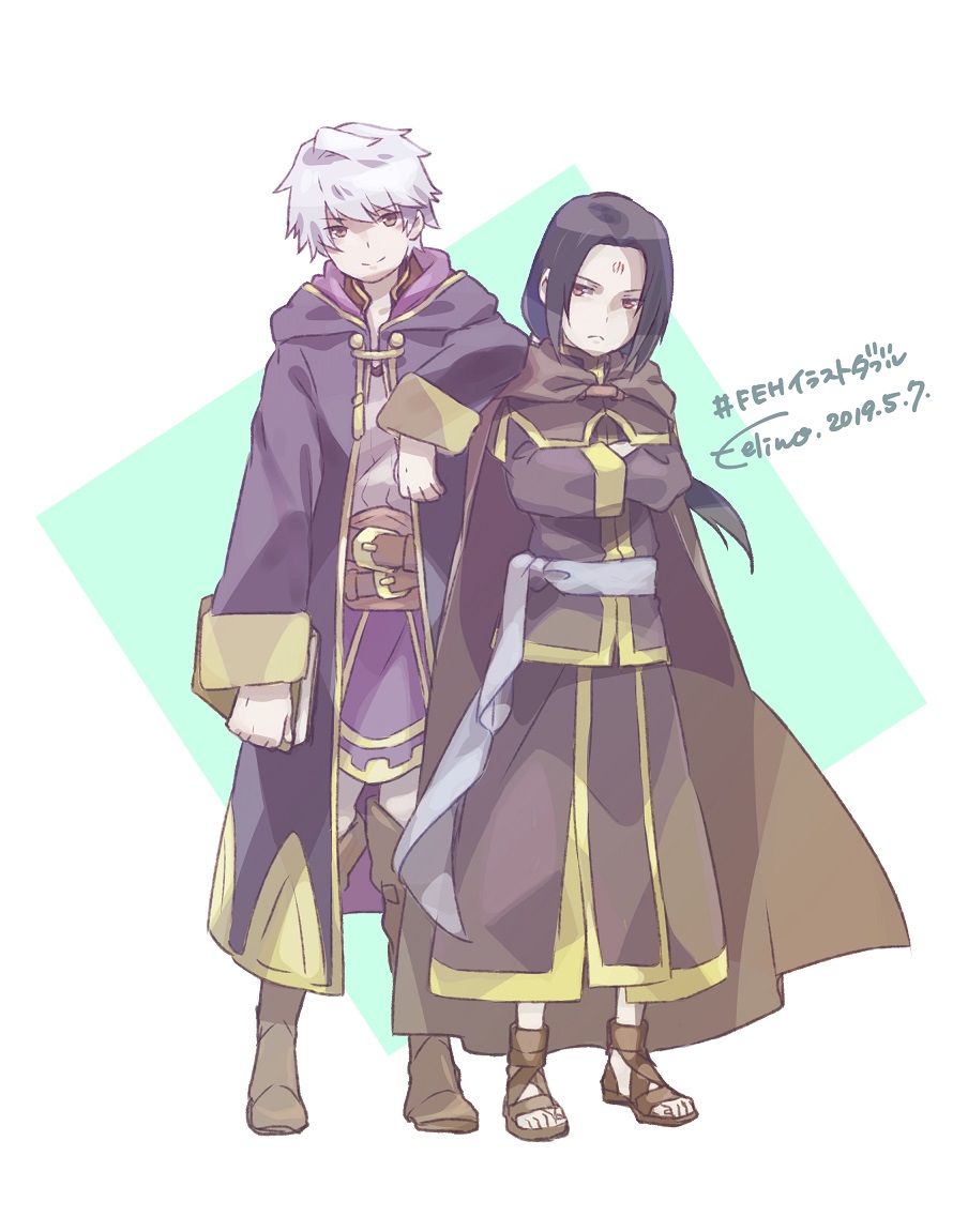 felino-konoha, male robin (fire emblem), soren (fire emblem), fire emblem, fire emblem: path of radiance, fire emblem awakening, fire emblem heroes, nintendo, commentary request, 2boys, artist name, black hair, book, closed mouth, crossed arms, dated, facial mark, forehead mark, holding, holding book, hood, hood down, hooded coat, long hair, male focus, multiple boys, red eyes, short hair