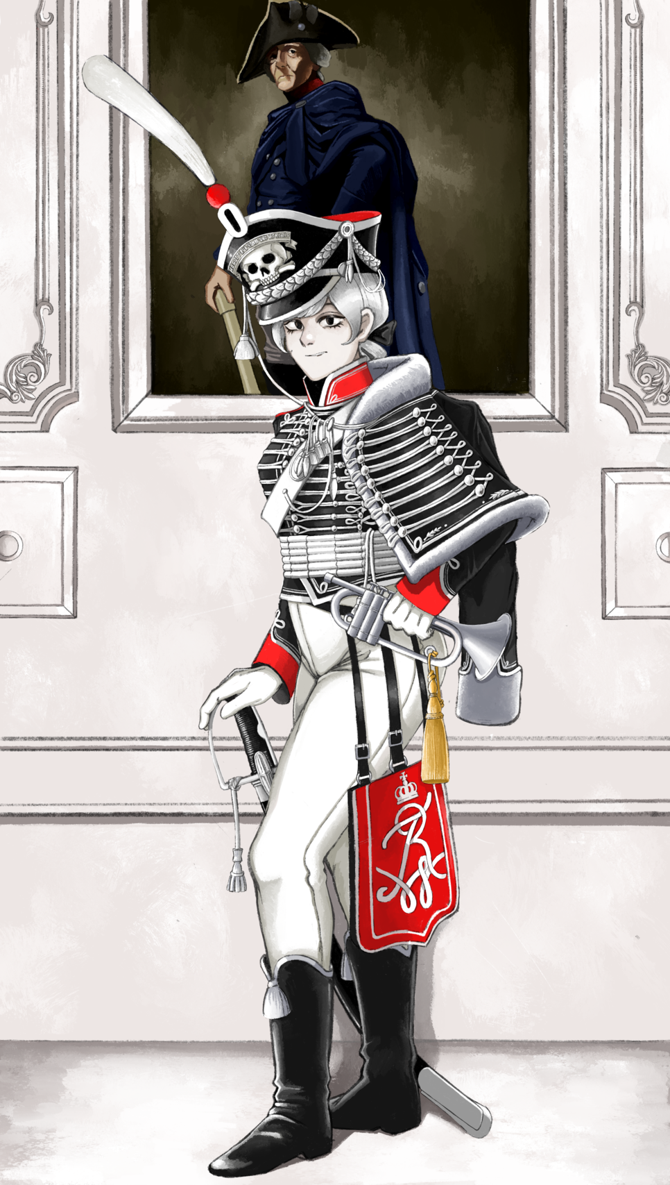 katyusha (98269886), original, real life, clothing request, highres, tagme, 1girl, army, black hat, boots, dolman (jacket), frederick ii, hat, holding, holding sword, holding weapon, hussar, military, napoleonic wars, painting (object), pale skin, pantaloons, pelisse, prussia, riding outfit, smile, sword, totenkopf, weapon, white hair