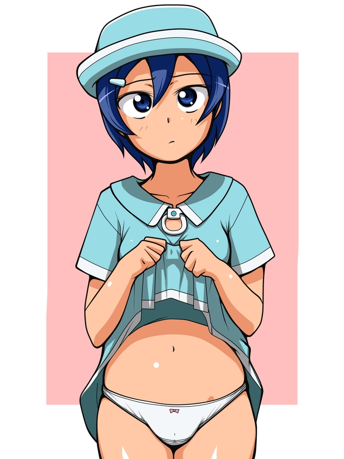 tsucky, tsukubae tomoe, taishou yakyuu musume, 00s, blue eyes, blue hair, clothes lift, dress, dress lift, flat chest, hair ornament, hairclip, hat, loli, navel, panties, short hair, solo, underwear