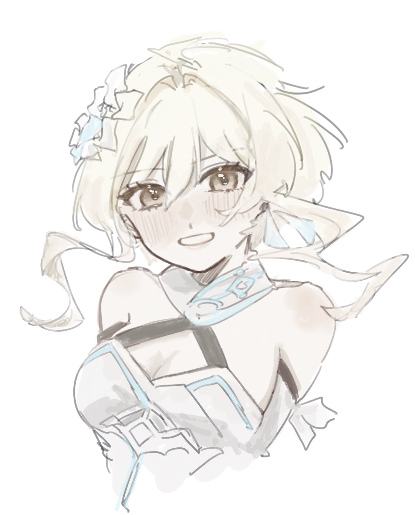 sa2ane, lumine (genshin impact), genshin impact, highres, 1girl, bare shoulders, blonde hair, blush, breasts, brown eyes, detached sleeves, dress, feathered wings, floating hair, flower, hair between eyes, hair flower, hair ornament, long sleeves, looking at viewer, medium breasts, short hair, sidelocks, simple background, sleeveless, sleeveless dress, smile, solo, teeth, upper body, white background, white dress, white flower, white sleeves, wings