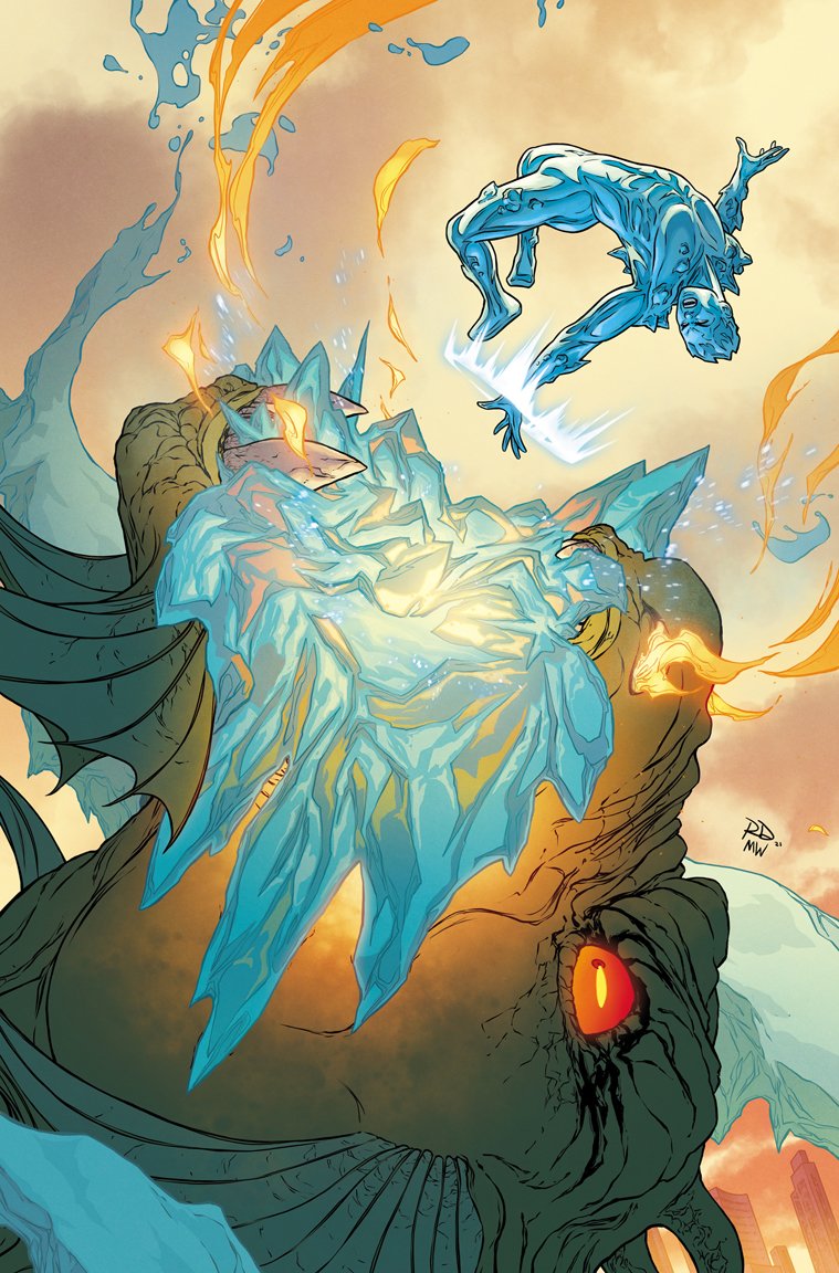 matt wilson, russell dauterman, iceman (x-men), marvel, x-men, comic cover, commentary, english commentary, official art, 1boy, breath weapon, breathing fire, colored sclera, cryokinesis, dragon, fighting, fin fang foom, fins, fire, green scales, head fins, ice hair, male focus, monster, muscular, muscular male, open mouth, orange sclera, orange sky, outdoors, red eyes, sharp teeth, size difference, sky, teeth, water