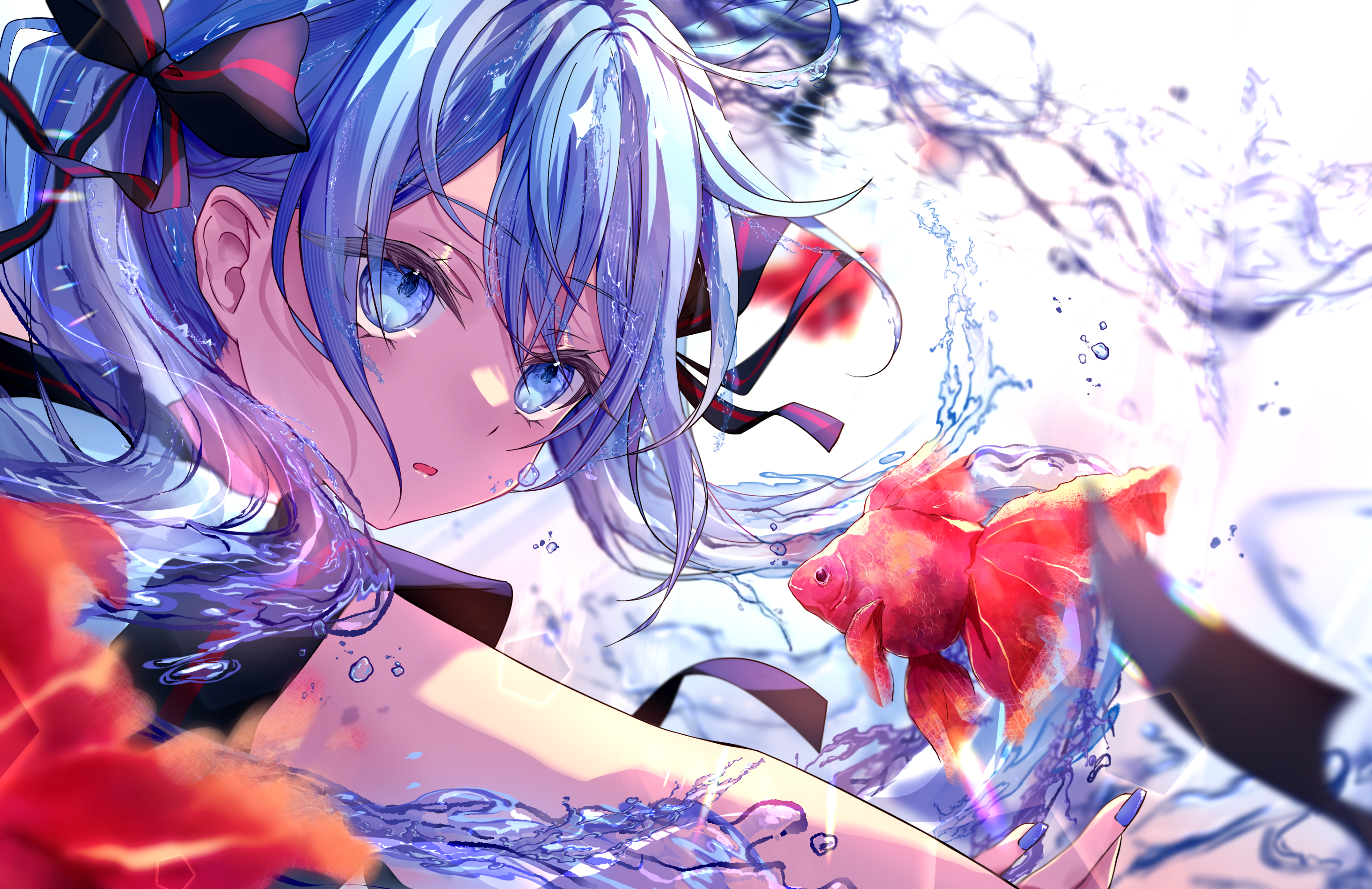 kikuha kobeni, bottle miku, hatsune miku, vocaloid, commentary request, highres, 1girl, blue eyes, blue hair, blue nails, bow, fingernails, fish, goldfish, hair between eyes, hair bow, hair ornament, liquid hair, long hair, nail polish, open mouth, solo, very long hair, water