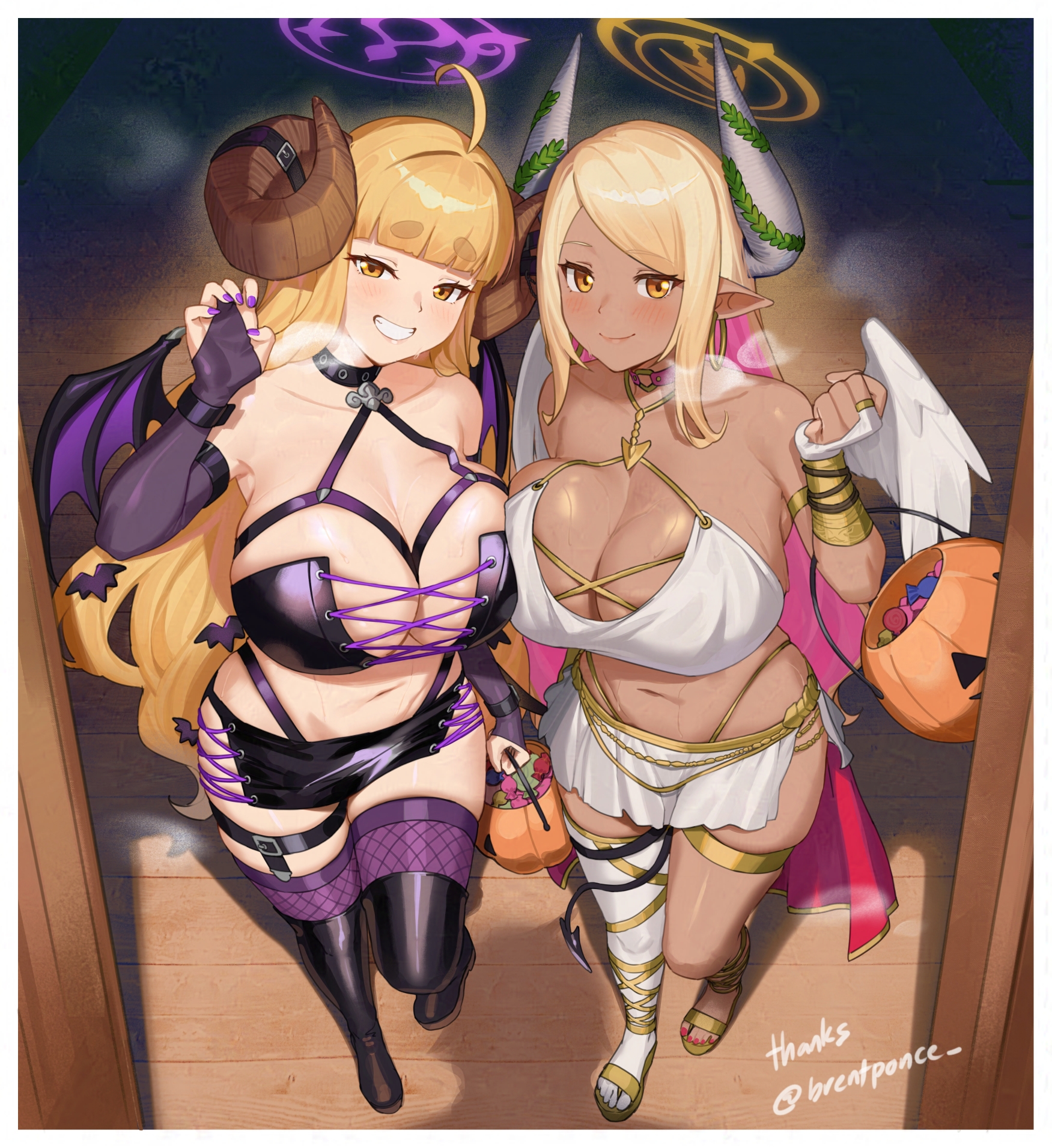 nuykkif, anila (granblue fantasy), kumbhira (granblue fantasy), granblue fantasy, highres, 2girls, ahoge, alternate costume, bare shoulders, blonde hair, blunt bangs, blush, breasts, choker, cleavage, collarbone, colored inner hair, curvy, draph, grin, halloween, halloween costume, halo, heavy breathing, horns, huge breasts, long hair, miniskirt, multicolored hair, multiple girls, navel, orange eyes, pink hair, pointy ears, purple nails, red nails, sheep horns, skindentation, skirt, smile, sweat, thick thighs, thighhighs, thighs, very long hair
