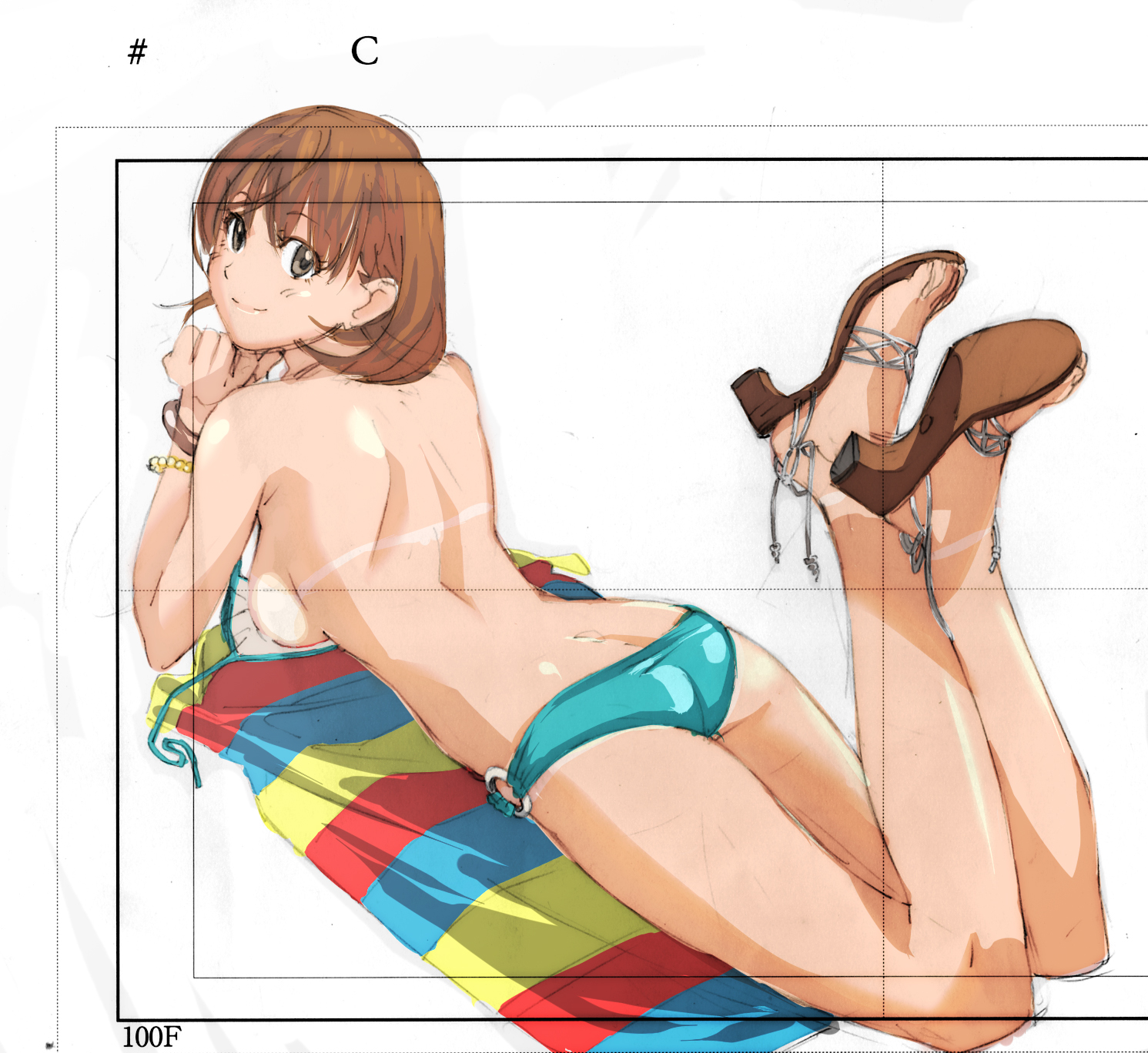 tarou2, bad id, bad pixiv id, highres, 1girl, ass, bikini, bikini bottom only, bikini tan, bracelet, brown eyes, brown hair, butt crack, feet, female focus, full body, high heel sandals, high heels, jewelry, looking back, lying, on stomach, open shoes, sandals, shoe soles, shoes, short hair, smile, solo, swimsuit, tan, tanline, topless female