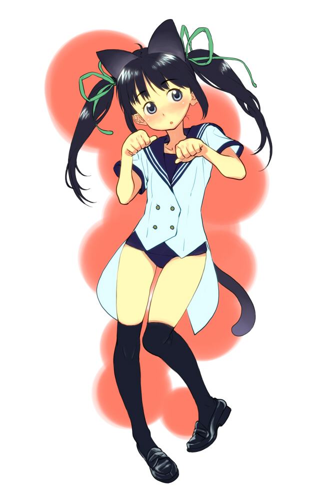 aitatata!, twunderu, original, 1girl, animal ears, black hair, blue eyes, bottomless, female focus, legs, no pants, ribbon, school uniform, serafuku, shoes, solo, swimsuit, swimsuit under clothes, tail, thighhighs, twintails