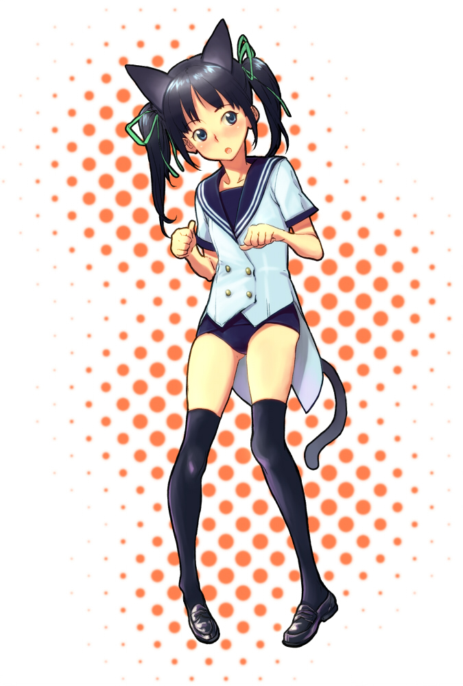 aitatata!, twunderu, original, 1girl, animal ears, black hair, black thighhighs, blue eyes, bottomless, cat ears, cat tail, female focus, hair ribbon, legs, no pants, ribbon, school uniform, serafuku, solo, swimsuit, swimsuit under clothes, tail, thighhighs, twintails