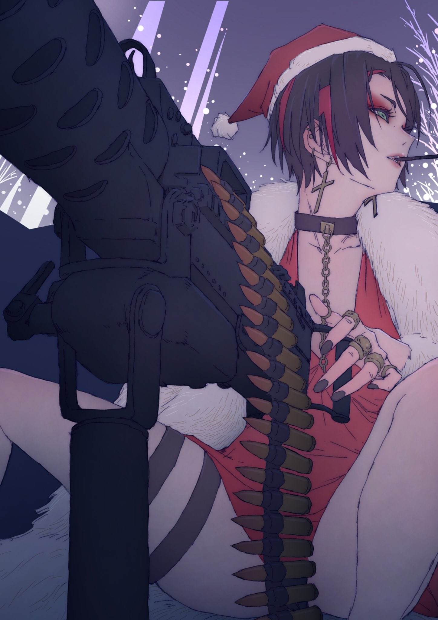 mero (ilsttkgbz11), crow (nikke), goddess of victory: nikke, commentary request, highres, 1girl, black choker, black hair, black nails, choker, cross, cross earrings, dress, ear piercing, earrings, eyeshadow, fur-trimmed headwear, fur trim, green eyes, gun, hat, jewelry, looking to the side, machine gun, makeup, multicolored hair, piercing, red dress, red eyeshadow, red streaks, santa costume, santa hat, short hair, streaked hair, weapon