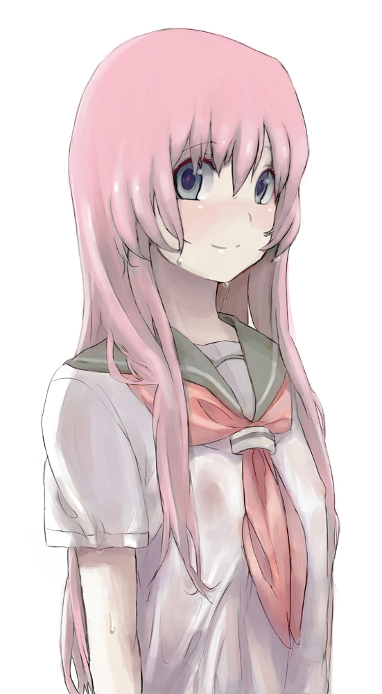 ui (uilog), original, bad id, bad pixiv id, 1girl, blush, female focus, flat chest, grey eyes, long hair, nipples, pink hair, school uniform, see-through clothes, serafuku, smile, solo, wet, wet clothes, wet hair