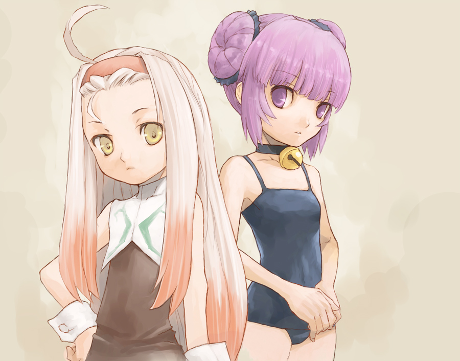 pota, pota (nabrinko), poisson (tales), sophie (beach kitty) (tales), sophie (tales), tales of (series), tales of graces, bad id, bad pixiv id, 2girls, ahoge, bell, choker, collar, flat chest, hairband, jingle bell, multiple girls, neck bell, official alternate costume, one-piece swimsuit, purple eyes, purple hair, school swimsuit, swimsuit, yellow eyes