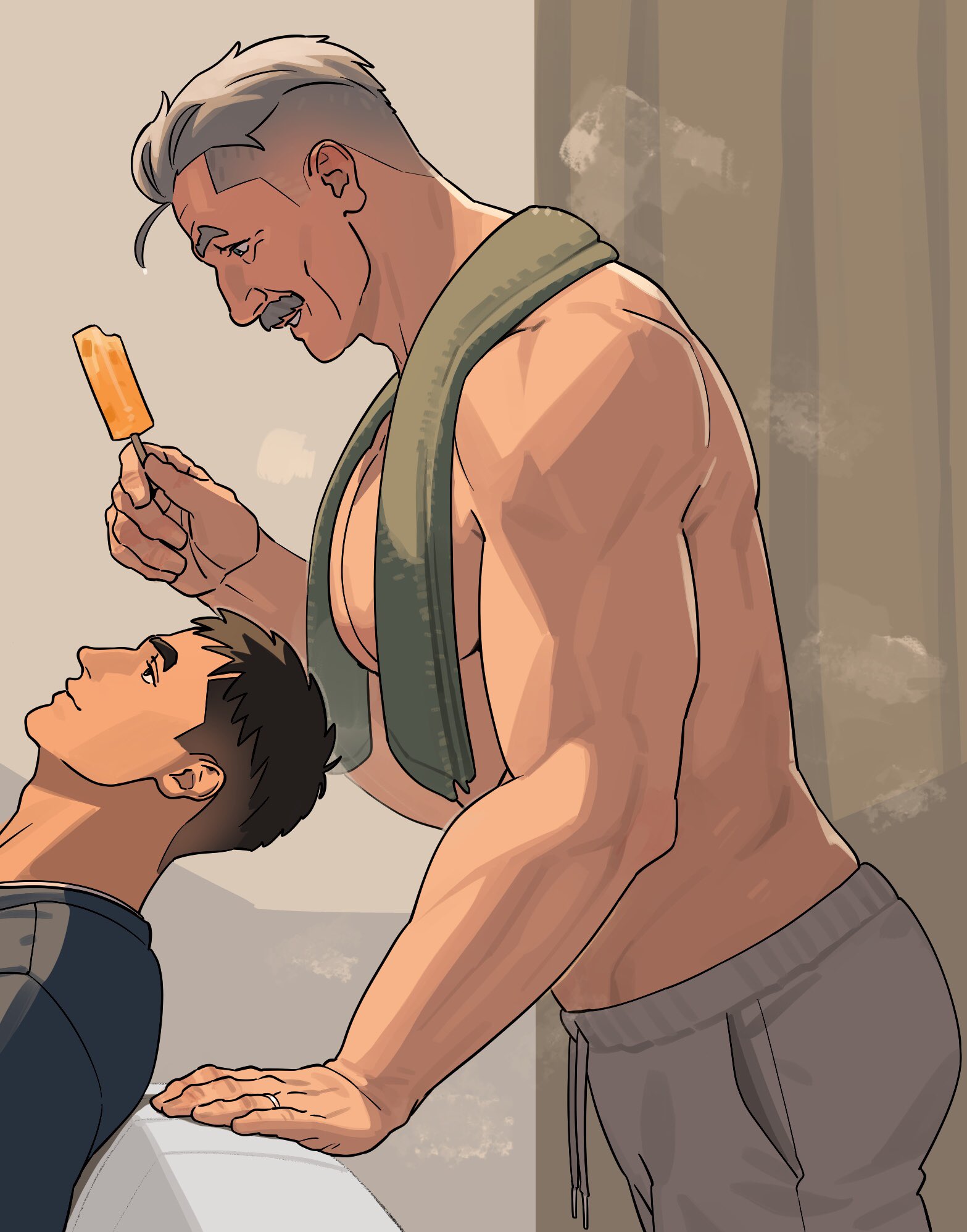 sa1k0p, original, highres, 2boys, bara, black shirt, brown hair, closed mouth, couch, facial hair, food, from side, grey eyes, grey hair, grey shorts, hair slicked back, holding, holding food, holding popsicle, indoors, jewelry, looking at another, loose hair strand, male focus, mature male, multiple boys, muscular, muscular male, mustache, old, old man, on couch, popsicle, ring, shirt, short hair, shorts, sitting, smile, spiked hair, steaming body, towel, towel around neck, undercut, wedding ring