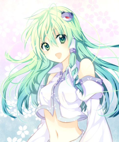 riichu, kochiya sanae, touhou, bad id, bad pixiv id, 1girl, aqua hair, breasts, detached sleeves, female focus, floral background, flower, frog, gradient background, gradient hair, green eyes, green hair, hair ornament, hair tubes, long hair, matching hair/eyes, midriff, multicolored hair, navel, open mouth, single hair tube, smile, snake, solo, upper body