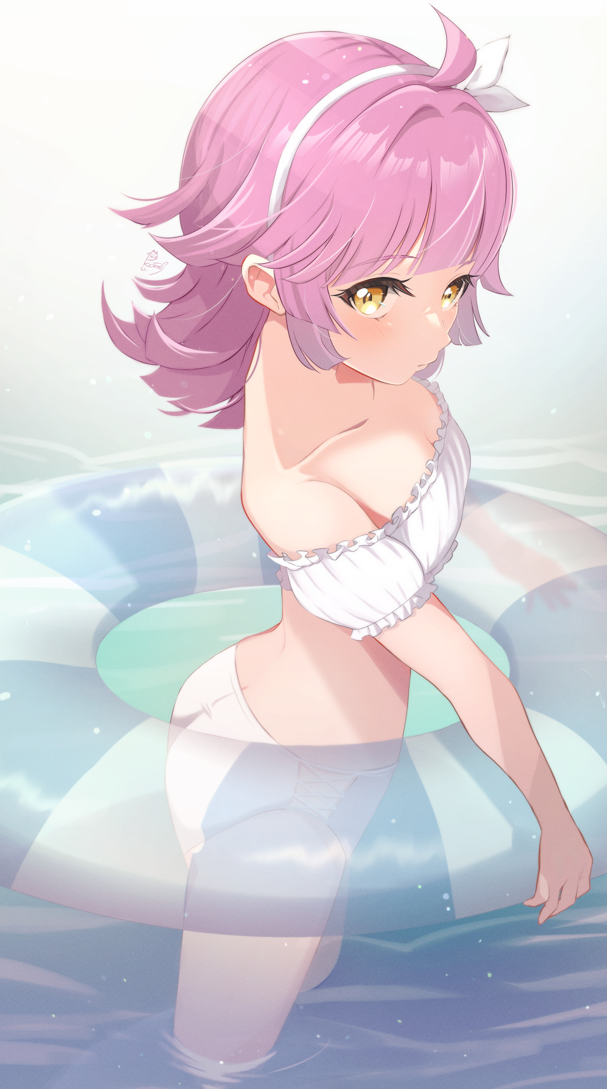 pukonuu, tennoji rina, tennoji rina (kujibikido swimsuit), love live!, love live! nijigasaki high school idol club, absurdres, commentary request, highres, 1girl, ahoge, ass, bikini, blunt bangs, blunt ends, blush, breasts, cleavage, closed mouth, collarbone, from above, hairband, holding, holding swim ring, innertube, looking at viewer, looking up, medium hair, pink hair, signature, small breasts, solo, striped innertube, swim ring, swimsuit, wading, water, white bikini, yellow eyes