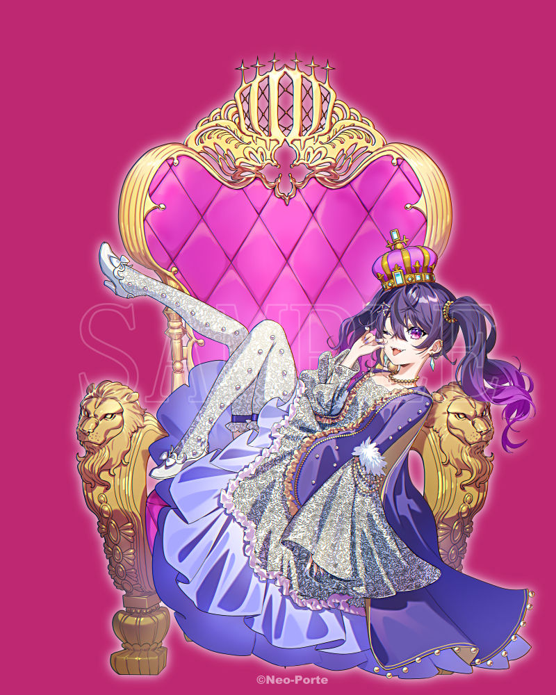 fumiko (throughx2), amane amu, neo-porte, official art, 1girl, ;p, aqua gem, arched crown, arm at side, bead necklace, beads, bow, collarbone, copyright notice, crown, diamond earrings, dress, earrings, fang, footwear bow, frilled dress, frills, full body, fur-trimmed sleeves, fur trim, gem, gown, gradient hair, hair beads, hair between eyes, hair ornament, hairclip, hand to own mouth, high heels, jewelry, lace, lace dress, lace thighhighs, leg up, long hair, long sleeves, looking at viewer, looking to the side, multicolored hair, nail polish, necklace, one eye closed, pink background, purple dress, purple eyes, purple hair, purple nails, sample watermark, shoes, simple background, sitting on throne, sitting sideways, sleeves past wrists, solo, thighhighs, tongue, tongue out, twintails, two-tone dress, virtual youtuber, watermark, white dress, white shoes, white thighhighs, wide sleeves