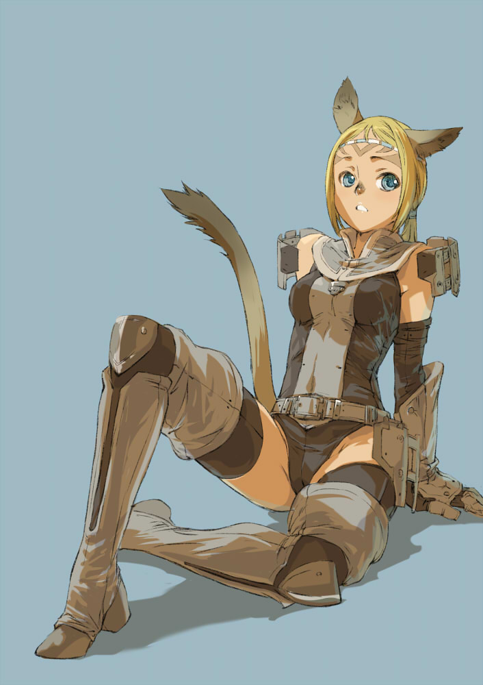 branch (blackrabbits), mithra (ff11), final fantasy, final fantasy xi, bad id, bad pixiv id, 00s, 1girl, animal ears, blonde hair, blue eyes, boots, female focus, gloves, solo, tail, thigh boots, thighhighs