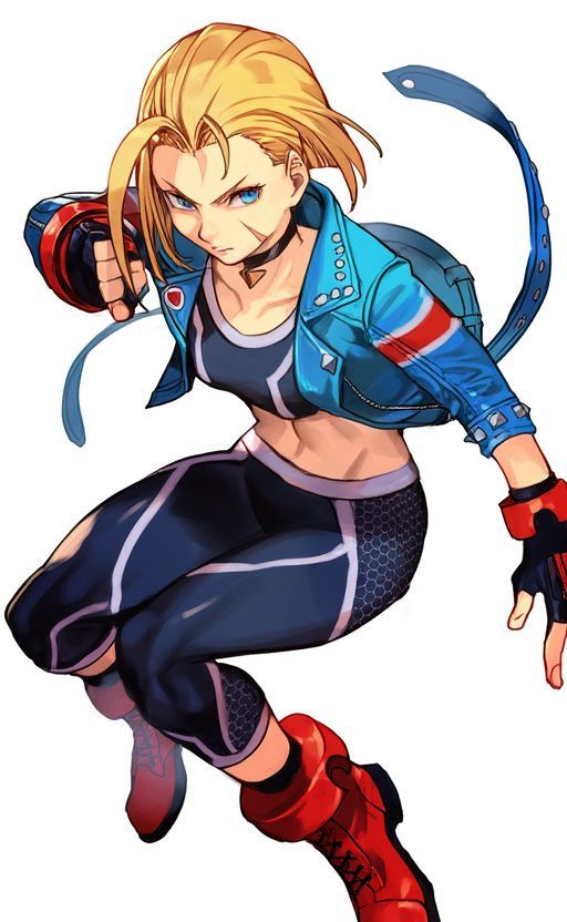 cammy white, capcom, street fighter, street fighter 6, 1girl, black gloves, black leggings, black sports bra, blonde hair, blue jacket, boots, closed mouth, cropped jacket, female focus, fingerless gloves, gauntlets, gloves, jacket, leggings, midriff, navel, open clothes, open jacket, red boots, red gauntlets, rita haller, scar, scar on face, short hair, simple background, solo, sports bra, union jack, union jack print, white background