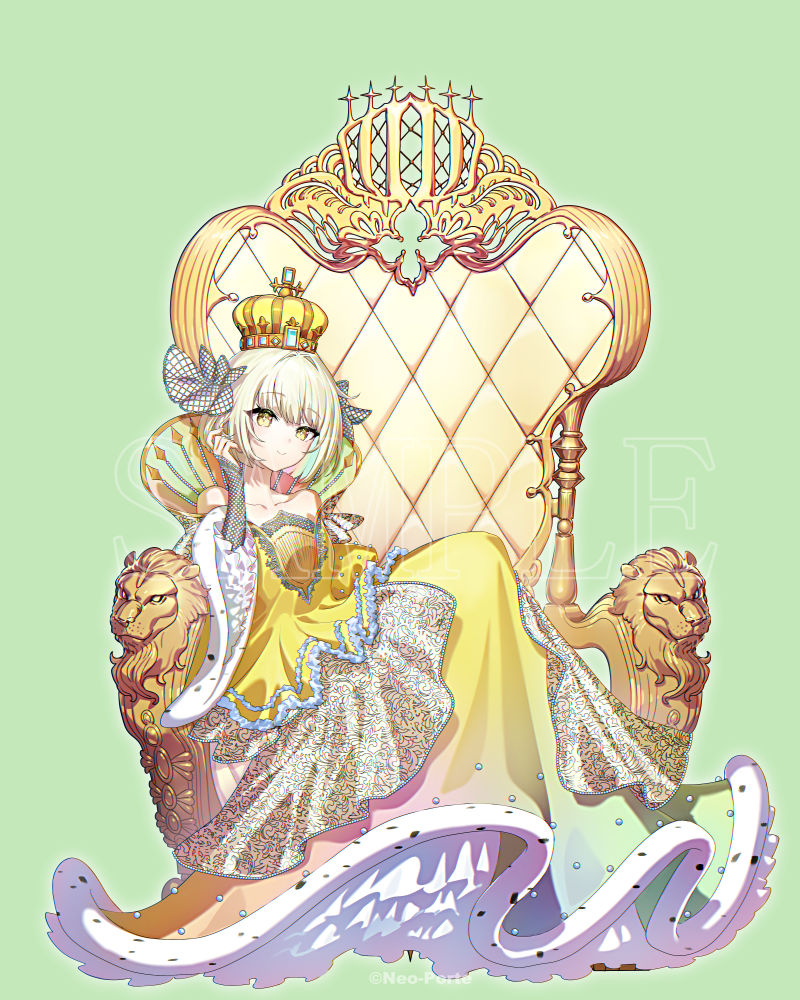 fumiko (throughx2), mitsuba eni, neo-porte, official art, 1girl, arched crown, arm warmers, bare shoulders, blonde hair, blunt bangs, blunt ends, bob cut, bow, breasts, collarbone, colored inner hair, copyright notice, crown, dress, elbow rest, fishnet arm warmers, frilled sleeves, frills, full body, fur-trimmed dress, fur-trimmed sleeves, fur trim, gown, green background, hair bow, hand up, inverted bob, layered dress, long dress, long sleeves, looking at viewer, multicolored hair, off-shoulder dress, off shoulder, rainbow hair, sample watermark, short hair, simple background, sitting, sitting on throne, small breasts, smile, solo, supportasse, throne, virtual youtuber, watermark, white bow, yellow dress, yellow eyes