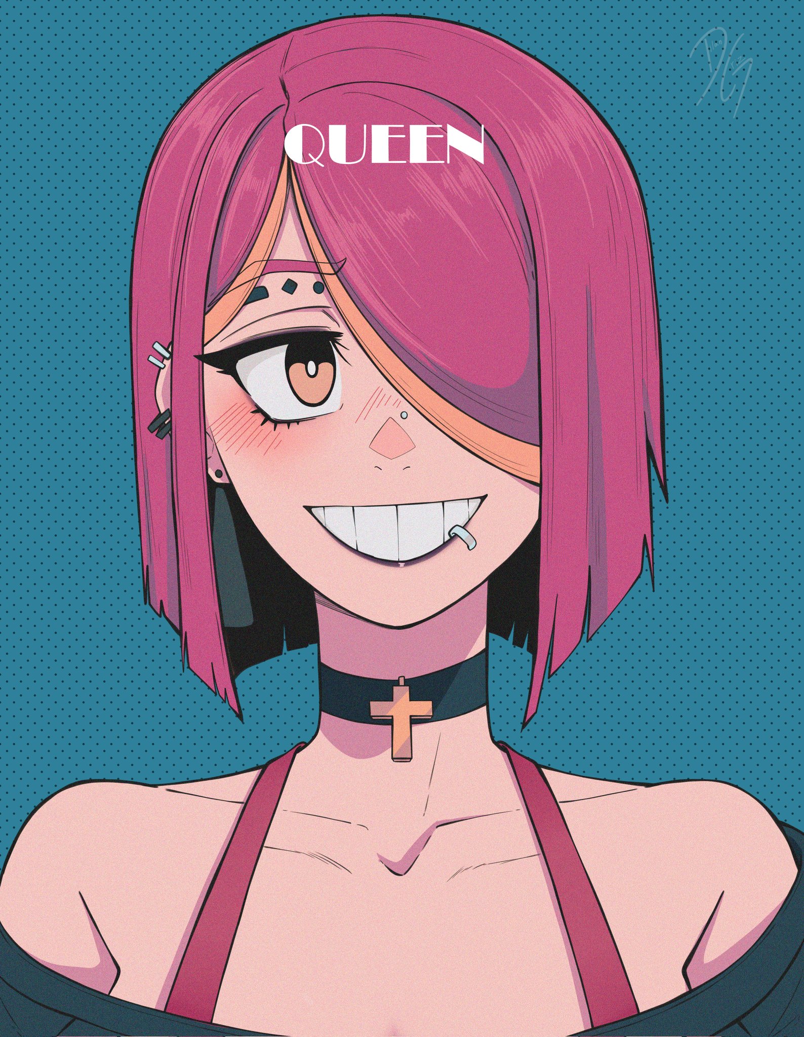 dilan griz, queen (dilan griz), original, commentary, english commentary, highres, 1girl, bare shoulders, black choker, blue background, blush, character name, choker, collarbone, cross, cross choker, ear piercing, earrings, eyebrow piercing, face piercing, hair over one eye, jewelry, lip piercing, looking at viewer, nose piercing, one eye covered, orange eyes, parted bangs, piercing, portrait, purple hair, short hair, smile, solo, stud earrings