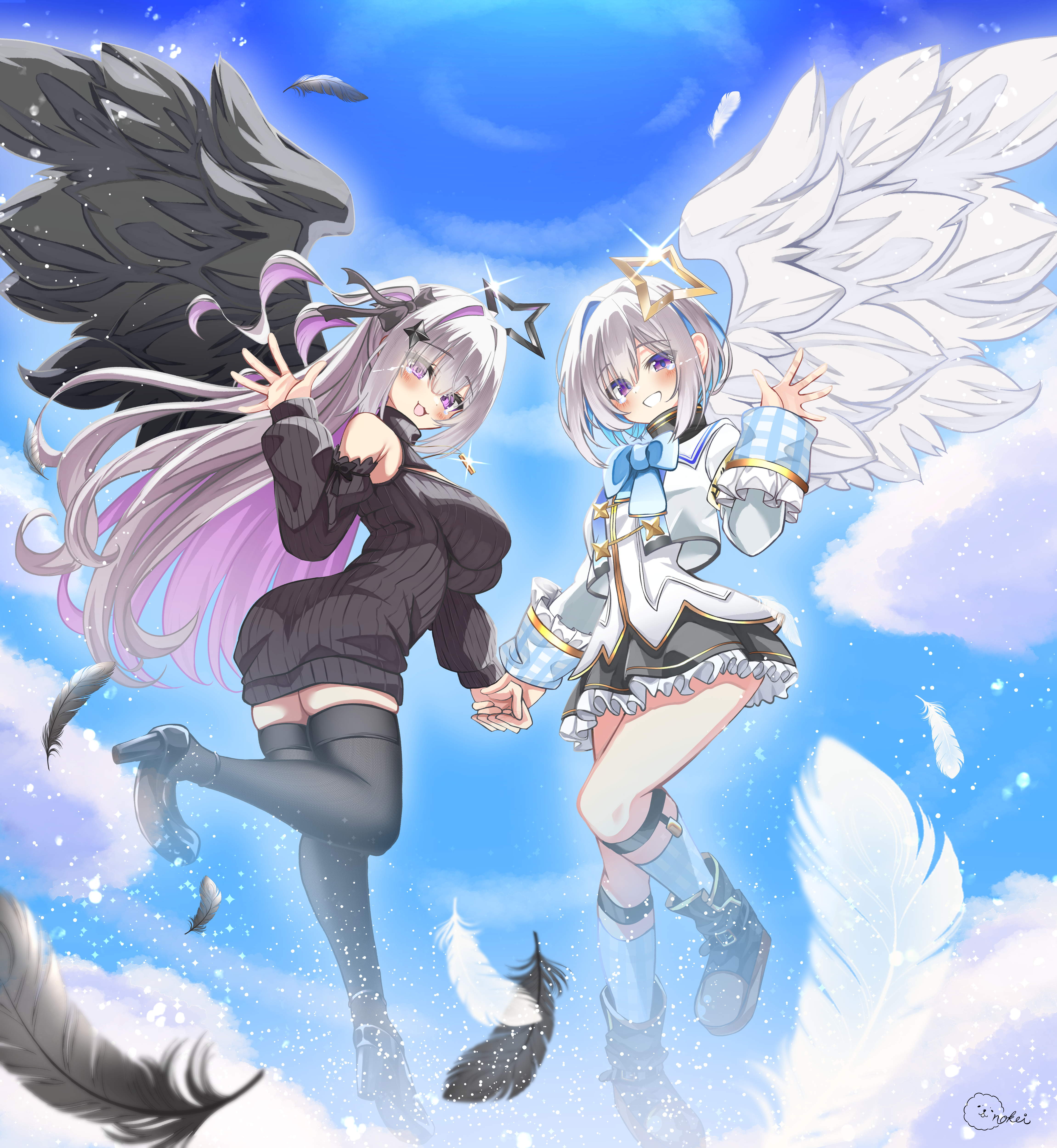 inokeiwd, amane kanata, amane kanata (1st costume), amane konata, hololive, absurdres, commentary request, highres, 2girls, angel, angel wings, aran sweater, asymmetrical bangs, asymmetrical hair, bell sleeves, black boots, black feathers, black shoes, black sweater, black thighhighs, black wings, blue bow, blue bowtie, blue eyes, blue hair, blue socks, blush, bob cut, boots, bow, bowtie, breasts, cable knit, colored inner hair, detached sleeves, falling feathers, feathered wings, feathers, flying, frilled sleeves, frills, full body, gradient eyes, grey hair, hair between eyes, hair over one eye, halo, jacket, large breasts, long hair, long sleeves, looking at viewer, medium hair, miniskirt, multicolored eyes, multicolored hair, multiple girls, off shoulder, open mouth, parted bangs, pink hair, plaid clothes, plaid socks, purple eyes, purple hair, ribbed sweater, shoes, short hair, siblings, single hair intake, sisters, skirt, sleeves past wrists, sleeves rolled up, smile, socks, star halo, streaked hair, striped clothes, sweater, thighhighs, turtleneck, turtleneck sweater, virtual youtuber, white feathers, white jacket, white wings, wings