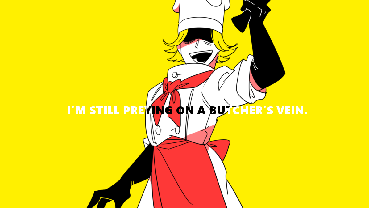 uno uno, hell's chef (gregory horror show), butcher vanity (synthesizer v), gregory horror show, commentary request, 1boy, :d, apron, arm up, black gloves, chef, chef hat, coat, elbow gloves, english text, flipped hair, gloves, hat, holding, holding knife, kitchen knife, knife, lyrics, male focus, neckerchief, open mouth, red apron, red neckerchief, shaded face, sleeves rolled up, smile, solo, waist apron, white coat, yellow background