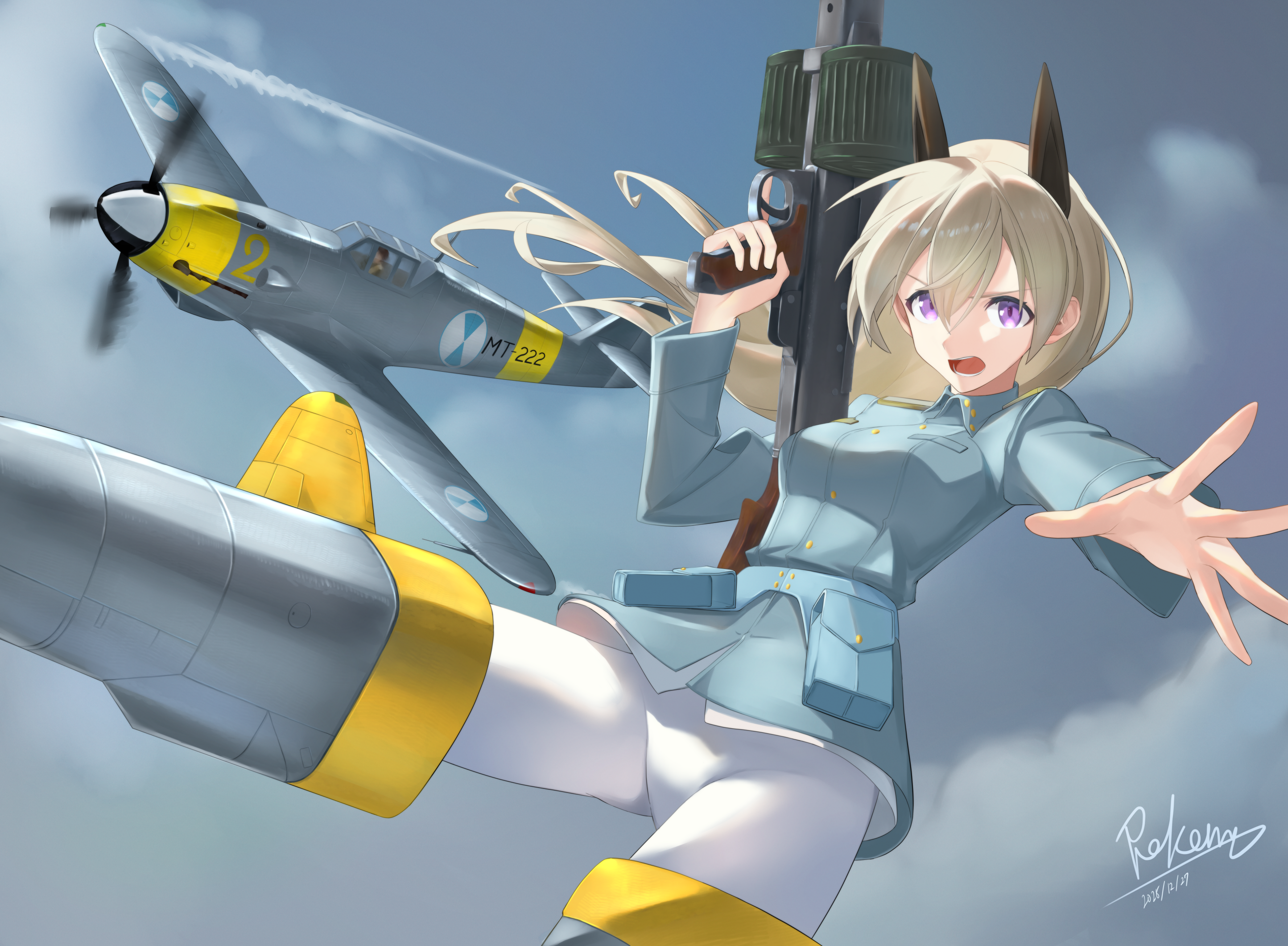 rekamu, eila ilmatar juutilainen, strike witches, world witches series, highres, vehicle request, 1girl, aircraft, animal ears, blue jacket, blue sky, breasts, cloud, cloudy sky, flying, fox ears, fox girl, grey hair, gun, holding, holding gun, holding weapon, jacket, long hair, looking at viewer, machine gun, medium breasts, mg42, military vehicle, open mouth, pantyhose, purple eyes, sky, striker unit, twitter username, weapon, white pantyhose