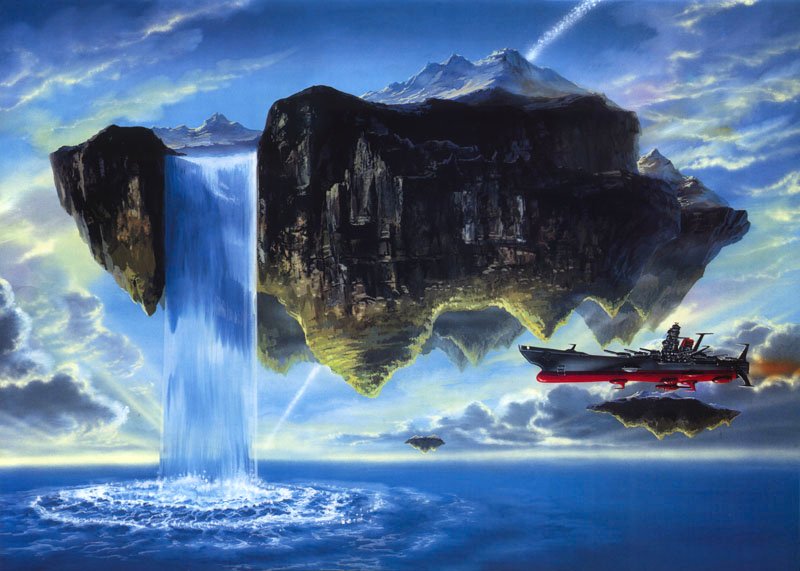 yamato (uchuu senkan yamato), final yamato, uchuu senkan yamato, uchuu senkan yamato kanketsu hen, 1980s (style), official art, traditional media, 1970s (style), battleship, cloud, day, epic, falls, floating, floating island, floating object, flying, island, military, military vehicle, no humans, ocean, oldschool, production art, retro artstyle, scenery, science fiction, ship, sky, spacecraft, warship, water, watercraft, waterfall