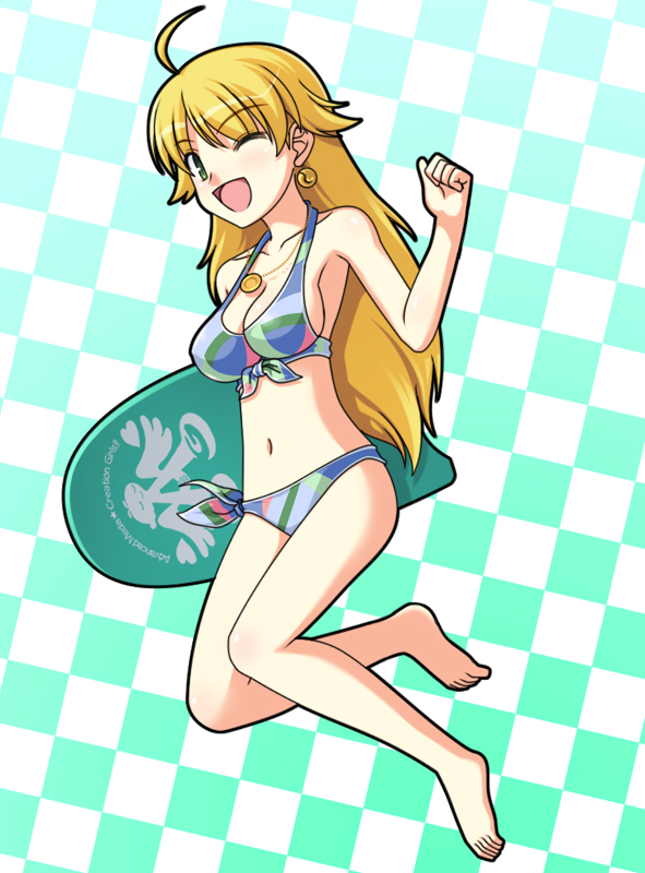 totokichi, hoshii miki, idolmaster, idolmaster (classic), bad id, bad pixiv id, 00s, 1girl, ;d, ahoge, armpits, barefoot, bikini, blonde hair, breasts, checkered background, cleavage, earrings, feet, female focus, front-tie top, green eyes, jewelry, kickboard, large breasts, long hair, necklace, one eye closed, open mouth, smile, solo, swimsuit, wink