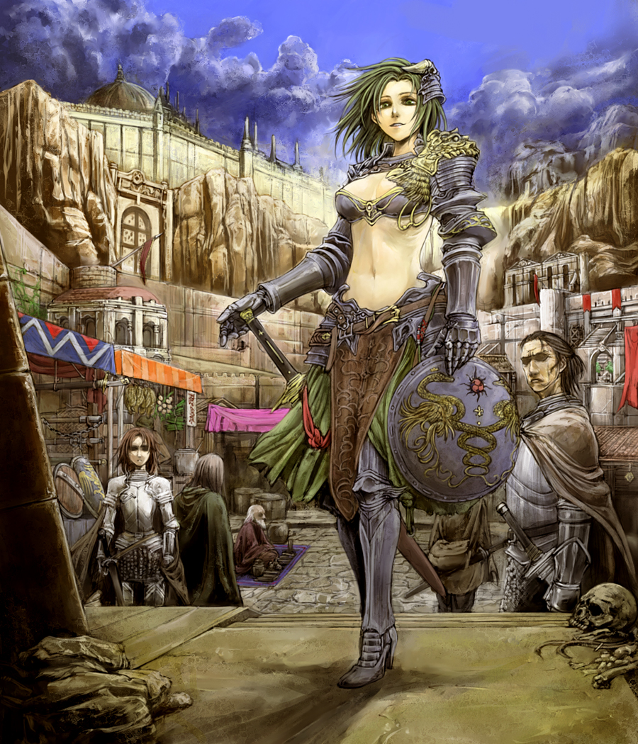 cervus, original, bad id, bad pixiv id, 2girls, 3boys, armor, bikini armor, breasts, building, cleavage, fantasy, green hair, high heels, landscape, large breasts, medium breasts, midriff, multiple boys, multiple girls, shield, shoes, skeleton, sword, weapon