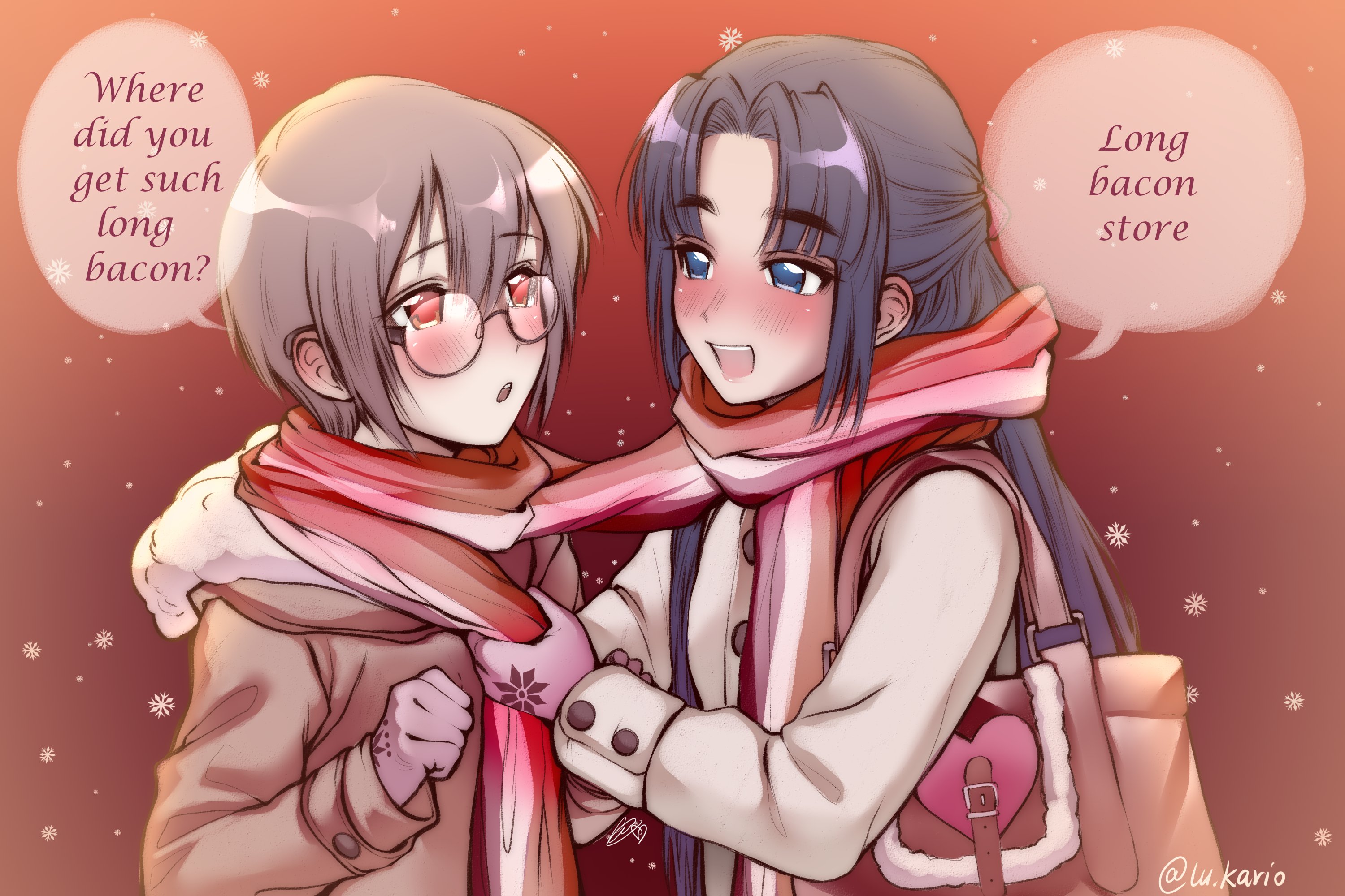 rio the lu, asakura ryoko, nagato yuki, nagato yuki-chan no shoushitsu, suzumiya haruhi no shoushitsu, suzumiya haruhi no yuuutsu, highres, 2girls, :d, :o, bag, blue eyes, blue hair, brown coat, coat, english text, long hair, looking at another, multiple girls, open mouth, parted lips, pink scarf, purple hair, red eyes, scarf, shared clothes, shared scarf, short hair, shoulder bag, smile, speech bubble, teeth, tongue, upper teeth only, white coat