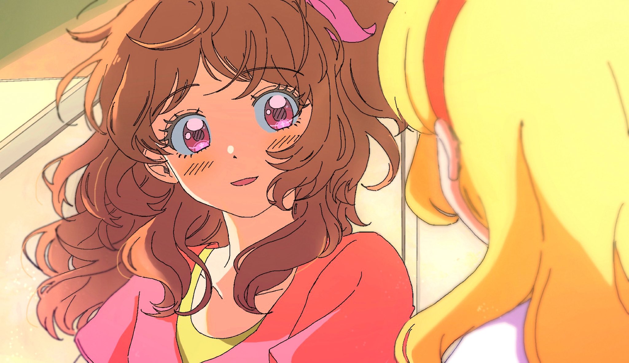 ku (kuooss), hoshimiya ichigo, ozora akari, aikatsu!, aikatsu! (series), highres, 2girls, :d, blonde hair, brown hair, long hair, looking at another, multiple girls, one side up, open mouth, pink eyes, pink shirt, shirt, sidelighting, smile, upper body