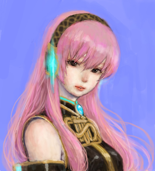 ponsuke (pon00000), megurine luka, vocaloid, bad id, bad pixiv id, detached sleeves, headset, lips, long hair, pink hair, solo