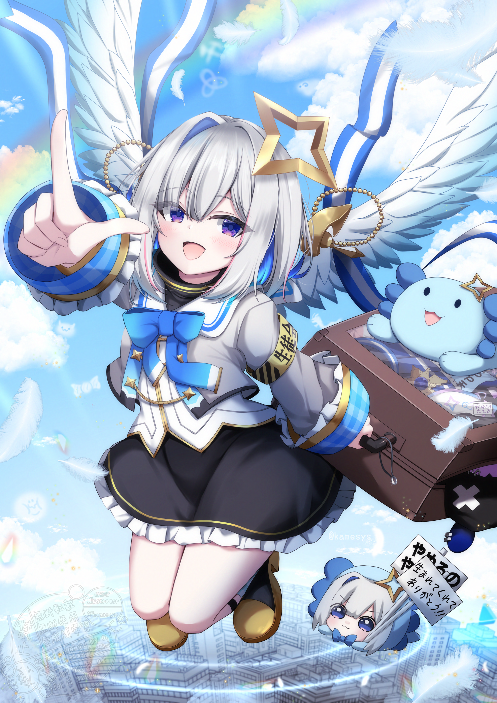 kamesys, amane kanata, amane kanata (1st costume), upao (amane kanata), hololive, absurdres, commentary request, highres, translation request, 1girl, angel, angel wings, aqua wings, armband, asymmetrical bangs, asymmetrical hair, bell sleeves, blue bow, blue bowtie, blue eyes, blue hair, blush, bob cut, bow, bowtie, cloud, cloudy sky, colored inner hair, crying, feathered wings, flying, frilled sleeves, frills, gradient eyes, gradient wings, grey hair, hair between eyes, halo, jacket, long sleeves, looking at another, medium hair, miniskirt, multicolored eyes, multicolored hair, multicolored wings, open mouth, parted bangs, pink hair, purple eyes, short hair, single hair intake, skirt, sky, sleeves past wrists, smile, spread wings, streaming tears, tears, virtual graduation commemoration, virtual youtuber, wings