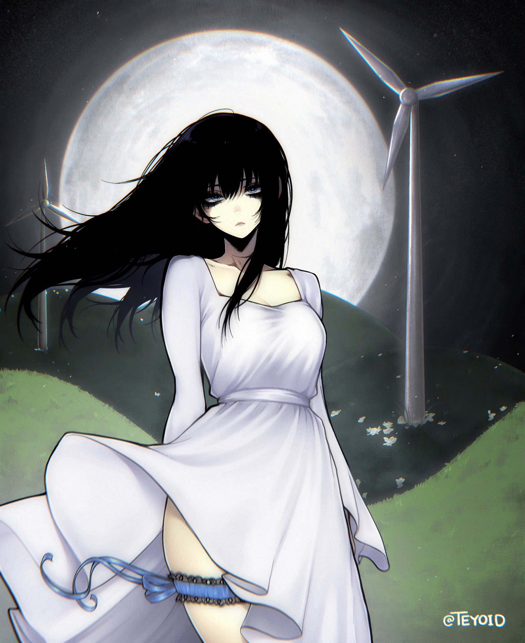 teyoid, original, commentary, english commentary, highres, 1girl, arms behind back, bags under eyes, black hair, blue eyes, blue ribbon, breasts, closed mouth, cowboy shot, dress, full moon, grass, grasslands, hair between eyes, leg ribbon, long hair, long sleeves, looking at viewer, medium breasts, moon, night, outdoors, ribbon, solo, thigh ribbon, white dress, wind turbine, windmill, wispy bangs
