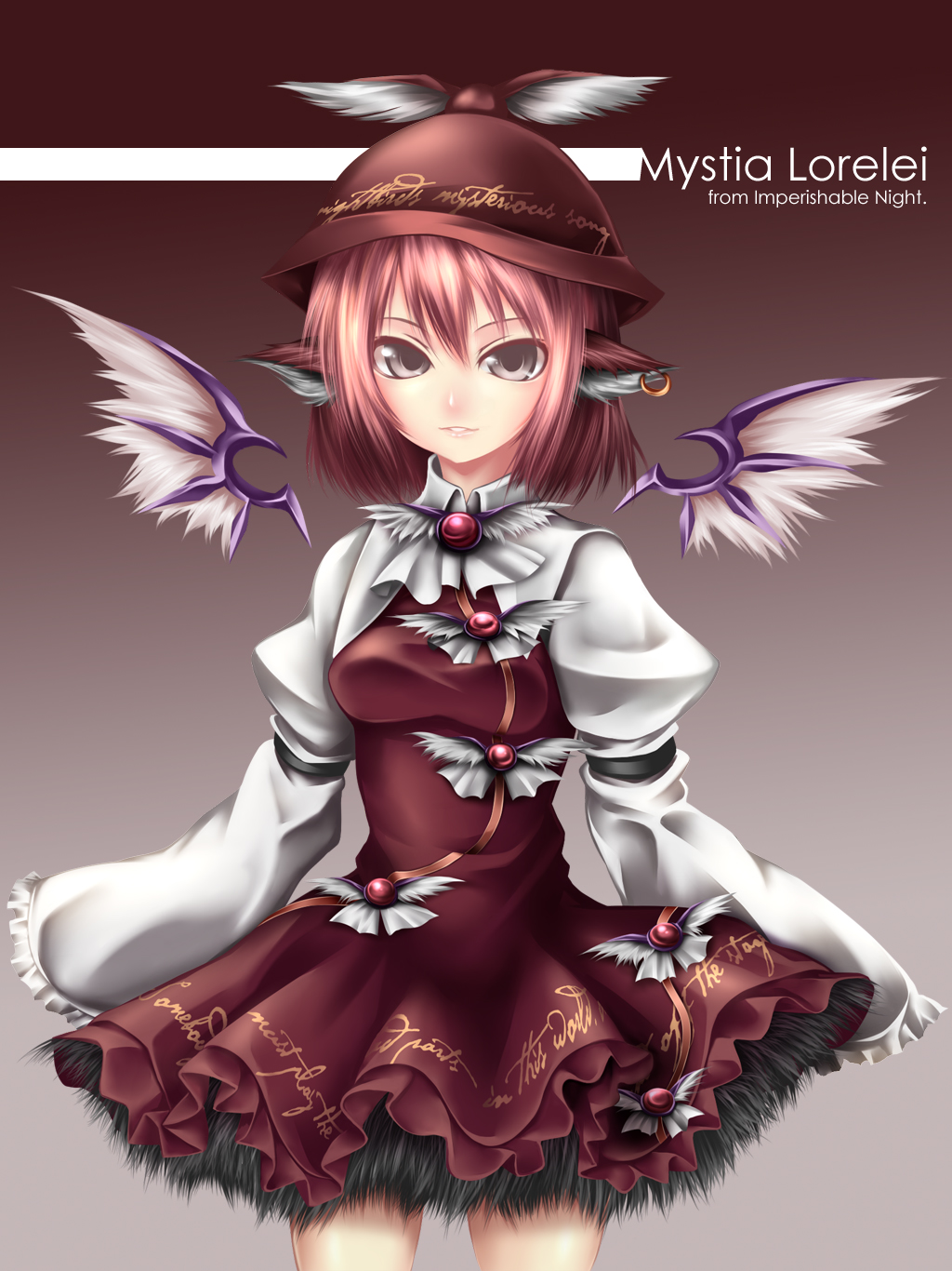 tamajam, mystia lorelei, touhou, highres, 1girl, animal ears, character name, dress, earrings, female focus, gradient background, grey eyes, hat, jewelry, pink hair, short hair, solo, wings