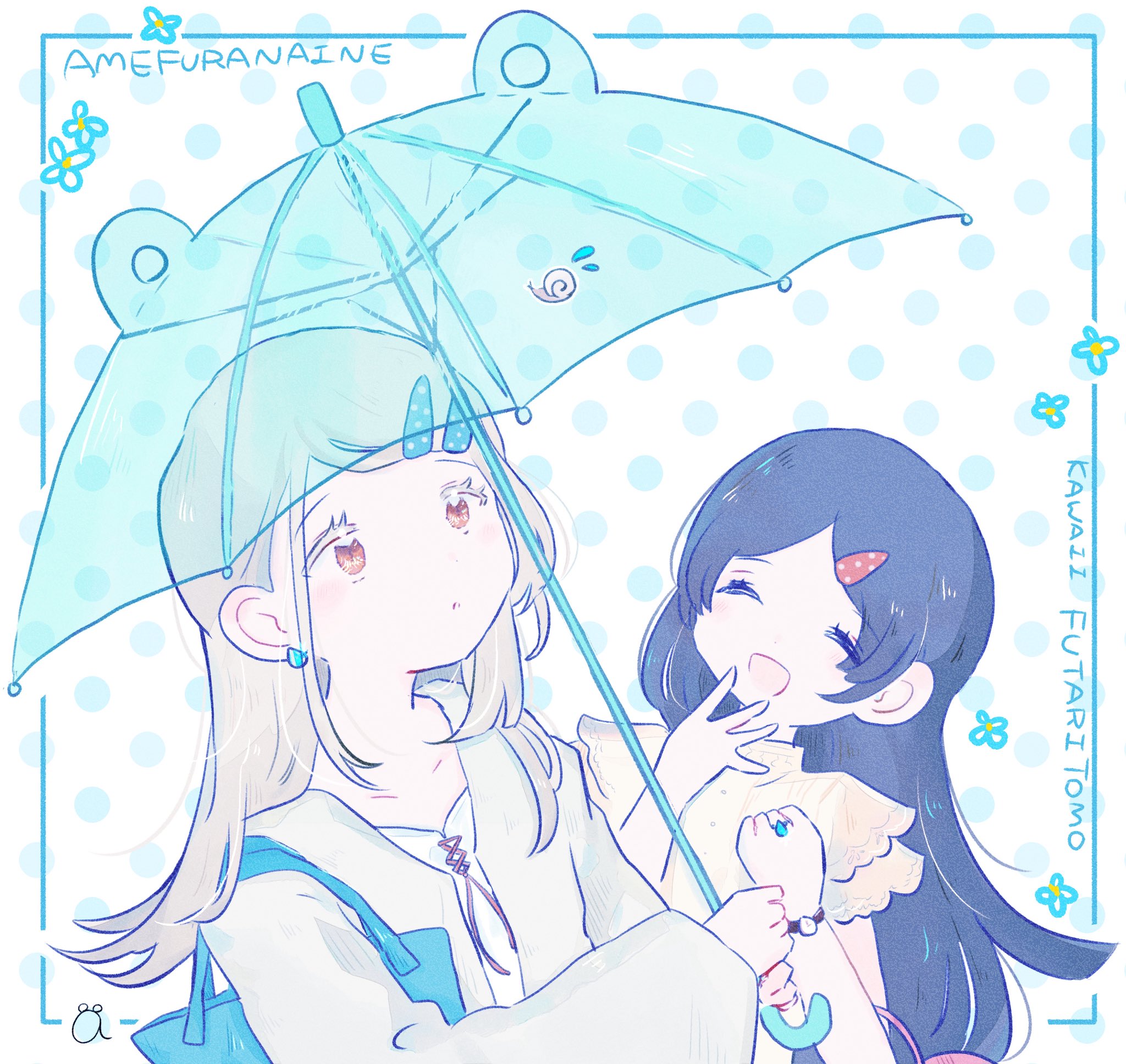 aoshirota, kuramoto china, shinosawa hiro, gakuen idolmaster, idolmaster, commentary, highres, symbol-only commentary, 2girls, :d, black hair, blonde hair, blue bag, blue umbrella, camisole, closed eyes, collarbone, colored eyelashes, earrings, facing another, flipped hair, flower, gradient hair, grey hair, hair ornament, hairclip, hand to own mouth, hand up, holding, holding umbrella, jewelry, laughing, long hair, long sleeves, looking at animal, multicolored hair, multiple girls, open clothes, open mouth, open robe, orange eyes, parallel hairclips, parted bangs, parted lips, polka dot, polka dot background, red ribbon, ribbon, ring, robe, shirt, short sleeves, smile, snail, stud earrings, transparent, transparent umbrella, umbrella, watch, white background, white camisole, white robe, white shirt, wide sleeves, wristwatch