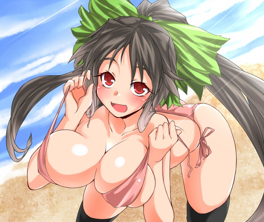 yamane akira, reiuji utsuho, touhou, bikini, black hair, blush, bow, breasts, huge breasts, long hair, ponytail, red eyes, side-tie bikini bottom, swimsuit, thighhighs