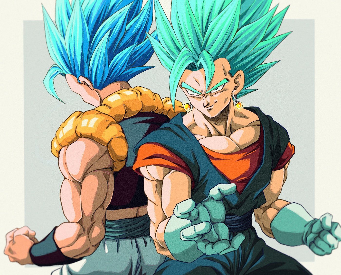 bure (fantasticyouth7), gogeta, vegetto, dragon ball, dragon ball super, dragon ball super broly, 2boys, back-to-back, black vest, blue eyes, blue hair, blue pants, blue sash, blue shirt, border, cowboy shot, dougi, earrings, gloves, grey background, jewelry, male focus, medium hair, multiple boys, muscular, muscular male, no shirt, orange shirt, pants, potara earrings, sash, shirt, simple background, smirk, spiked hair, super saiyan, super saiyan blue, vest, white border, white gloves, white pants