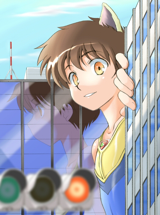 torajimaneko, animal ears, brown hair, city, giant, male focus, orange eyes, smile
