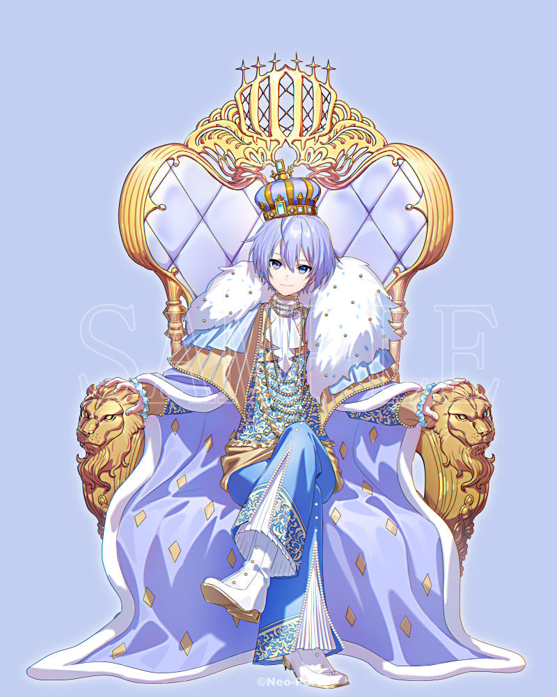 fumiko (throughx2), shirayuki reid, neo-porte, official art, 1boy, arched crown, arm rest, ascot, bead necklace, beads, blue jacket, blue pants, boots, cape, copyright notice, crossed legs, crown, diamond print, frilled sleeves, frills, full body, fur-trimmed cape, fur trim, hair between eyes, head tilt, jacket, jewelry, long sleeves, looking at viewer, male focus, multiple necklaces, necklace, pants, patterned clothing, pleated pants, print jacket, purple background, purple cape, purple eyes, purple hair, sample watermark, sash, shirt, simple background, sitting, sitting on throne, smile, solo, straight-on, throne, tilted headwear, virtual youtuber, waist sash, watermark, white ascot, white boots, white shirt, yellow sash