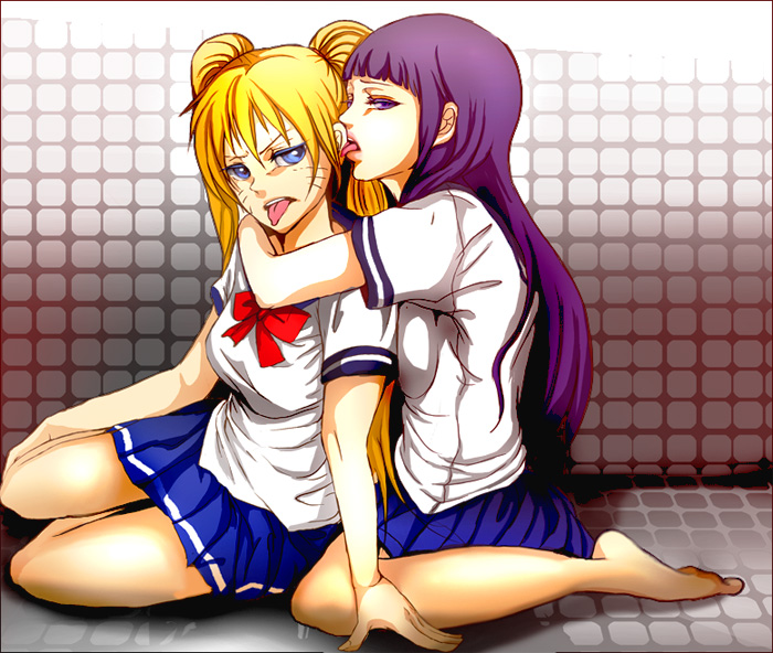 hyuuga hinata, naruko (naruto), uzumaki naruto, naruto (classic), naruto (series), naruto shippuuden, wall, artist request, 2girls, alternate eye color, alternate hair color, annoyed, barefoot, blonde hair, blue eyes, blue skirt, bow, breast press, breasts, ear licking, facial mark, facing viewer, floor, full body, genderswap, genderswap (mtf), half-closed eyes, hug, hug from behind, indoors, kneeling, large breasts, licking, long hair, looking at viewer, matching hair/eyes, medium breasts, multiple girls, open mouth, pleated skirt, purple eyes, purple hair, red bow, red ribbon, ribbon, room, school uniform, sexy no jutsu, shadow, shirt, short sleeves, sitting, skirt, t-shirt, teeth, tongue, tongue out, twintails, whisker markings, whiskers, white shirt, yuri
