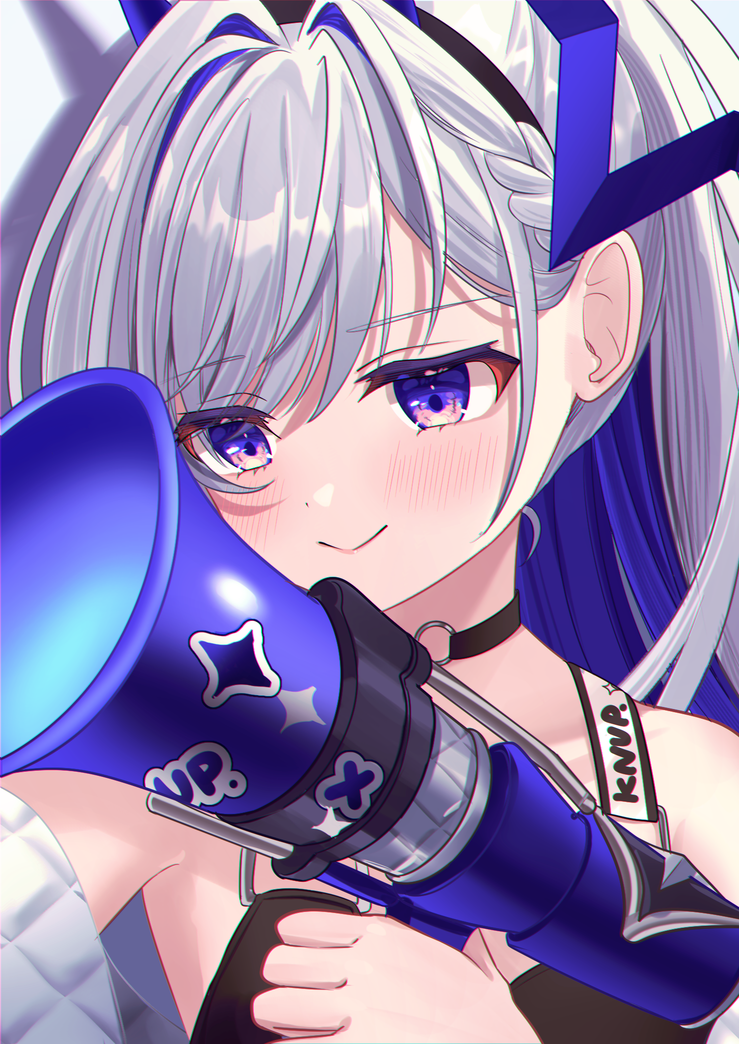 shagaihi, amane kanata, amane kanata (lock on), hololive, commentary request, highres, 1girl, black bra, black choker, black sports bra, blue hair, blush, bra, choker, closed mouth, colored inner hair, grey hair, hair between eyes, halo, holding, holding megaphone, light blush, long hair, megaphone, multicolored hair, o-ring, o-ring choker, purple eyes, smile, solo, sports bra, star halo, underwear, virtual youtuber