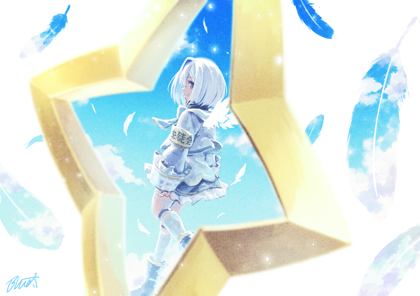 buru-dai, amane kanata, amane kanata (1st costume), hololive, commentary, symbol-only commentary, 1girl, angel wings, armband, black boots, black skirt, blue bow, blue bowtie, blue hair, blue sky, blue socks, bob cut, boots, bow, bowtie, closed mouth, cloud, colored inner hair, falling feathers, feathered wings, feathers, frilled skirt, frills, gingham socks, grey hair, grey jacket, jacket, kneehighs, legwear garter, long sleeves, looking at viewer, mini wings, miniskirt, multicolored hair, pink streaks, purple eyes, short hair, single hair intake, skirt, sky, sleeve cuffs, smile, socks, solo, streaked hair, turtleneck, virtual graduation commemoration, virtual youtuber, white wings, wings