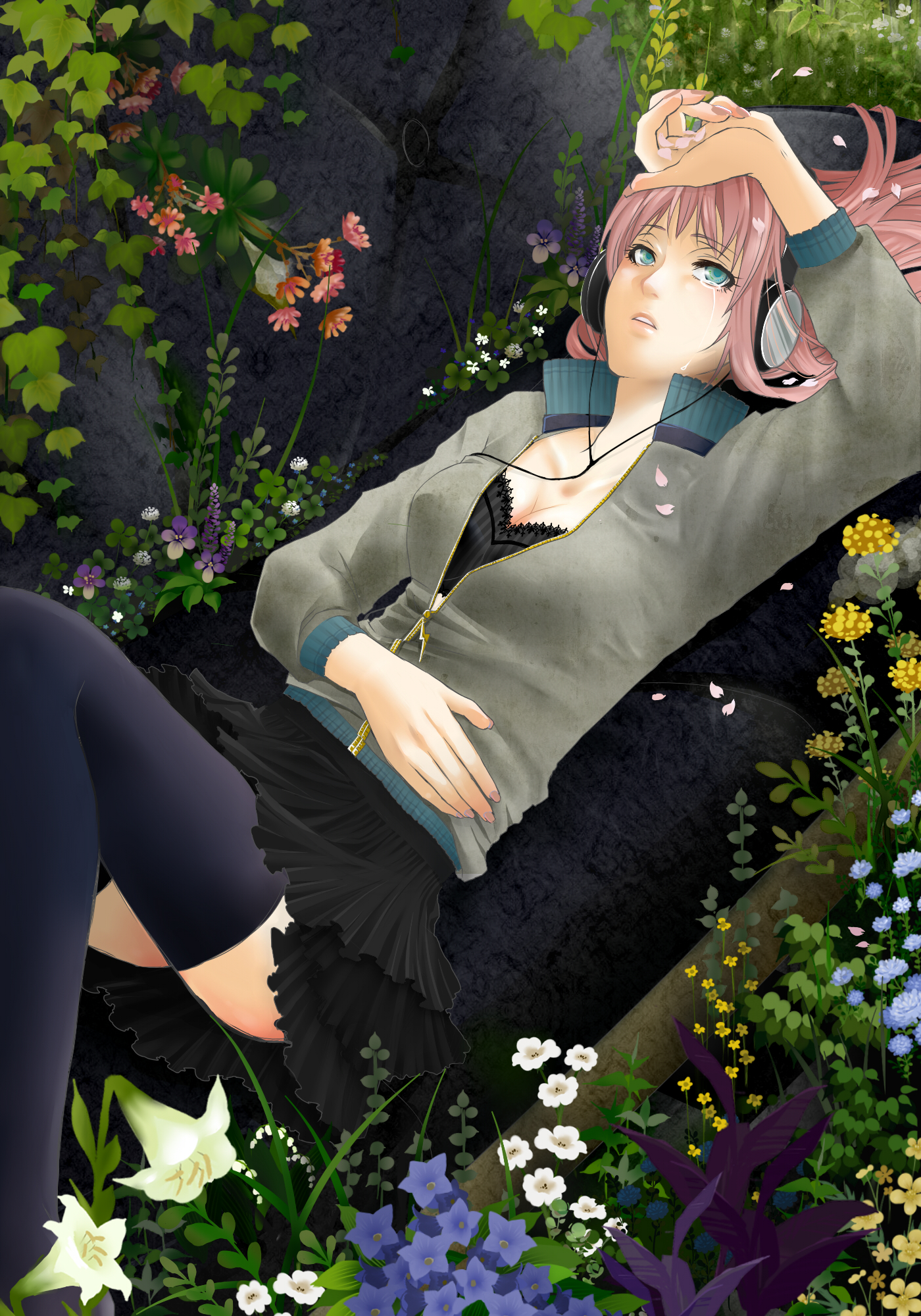 sism, megurine luka, vocaloid, bad id, bad pixiv id, highres, 1girl, aqua eyes, breasts, casual, cleavage, female focus, flower, headphones, long hair, lying, medium breasts, nature, on back, outdoors, petals, pink hair, skirt, solo, tears, thighhighs, zettai ryouiki