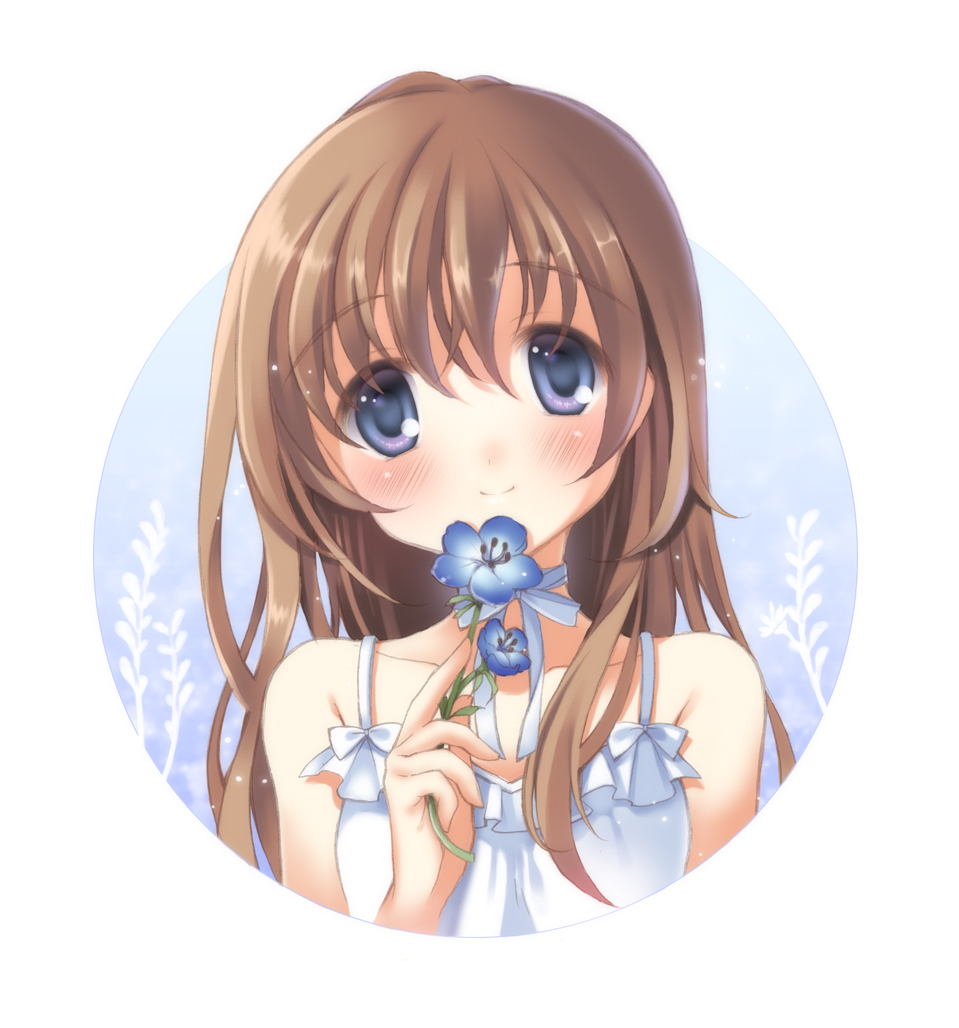 pan (mimi), original, bad id, bad pixiv id, 1girl, bare shoulders, blue eyes, blue theme, blush, brown hair, choker, circle, dress, female focus, flower, head tilt, ribbon, ribbon choker, smile, solo, sundress, upper body