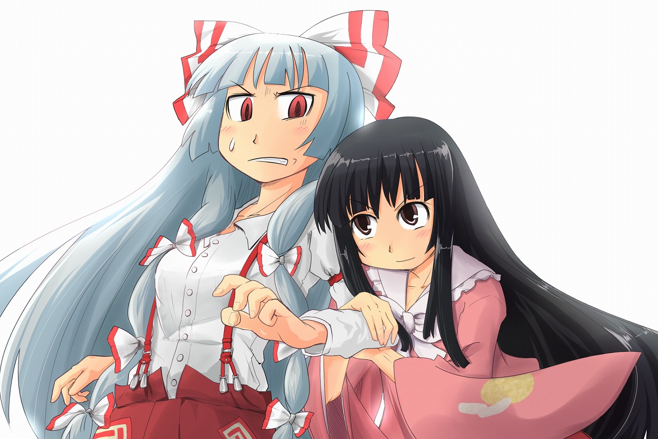 fujioka toki, fujiwara no mokou, houraisan kaguya, touhou, silver hair, 2girls, annoyed, black hair, blush, bow, brown eyes, clenched teeth, female focus, frills, hair bow, hair ribbon, hug, long hair, long sleeves, multiple girls, red eyes, ribbon, shirt, simple background, smile, suspenders, sweatdrop, teeth, tsundere, white shirt, wide sleeves
