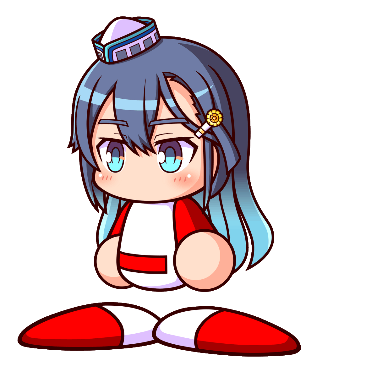 jikkyou powerful pro yakyuu, power pro appli, artist request, highres, official art, 1girl, baseball uniform, blue eyes, blue hair, flower hairclip, gradient hair, hat, jikkyou powerful pro yakyuu (style), long hair, multicolored hair, multicolored shirt, multicolored shoes, no mouth, rayman limbs, red shirt, red shoes, shirt, shoes, solo, soudori tsubasa, sportswear, two-tone shirt, two-tone shoes, white hat, white shirt, white shoes