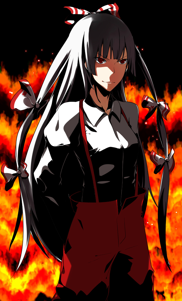 jin (crocus), fujiwara no mokou, touhou, 1girl, arms behind back, bow, dark, female focus, fire, hair bow, hair ribbon, long hair, long sleeves, looking up, multiple hair bows, pants, red eyes, ribbon, shadow, shirt, smirk, solo, suspenders, white shirt