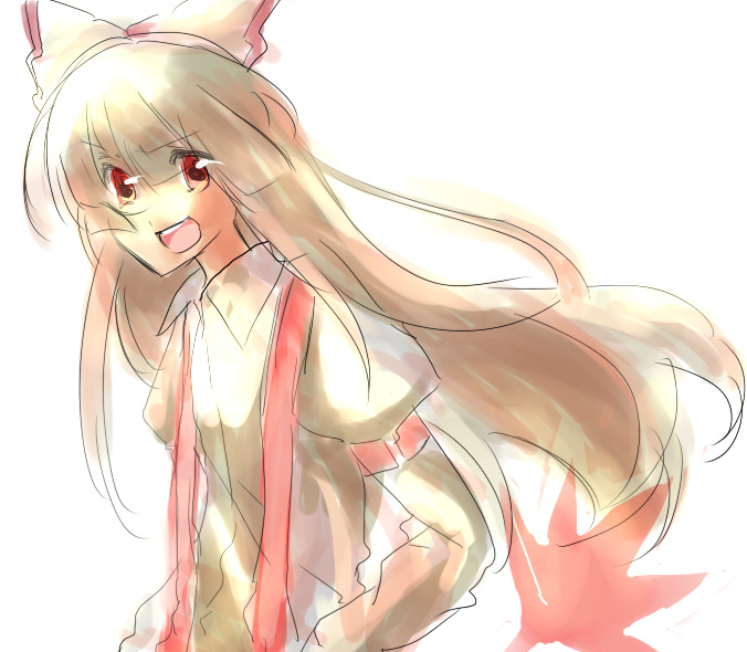 kyoumo baito, fujiwara no mokou, touhou, silver hair, artist request, hair ribbon, long sleeves, open mouth, ribbon, shirt, simple background, sketch, smile, solo, suspenders, white shirt