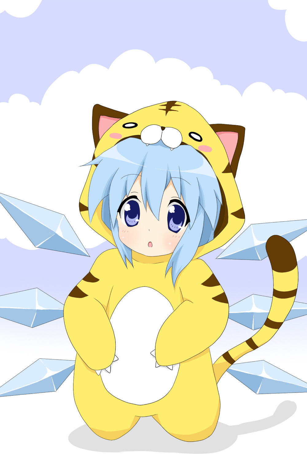chiro-minami, chiro (bocchiropafe), cirno, touhou, highres, animal costume, animal print, chibi, hair between eyes, solo, tiger costume, tiger print