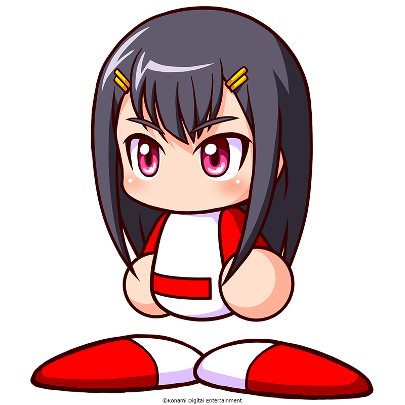 jikkyou powerful pro yakyuu, power pro appli, artist request, official art, 1girl, baseball uniform, black hair, copyright notice, hair ornament, hairclip, jikkyou powerful pro yakyuu (style), long hair, multicolored shirt, multicolored shoes, no mouth, rayman limbs, red eyes, red shirt, red shoes, shirt, shoes, solo, sportswear, two-tone shirt, two-tone shoes, white background, white shirt, white shoes, yagyuu sayaka