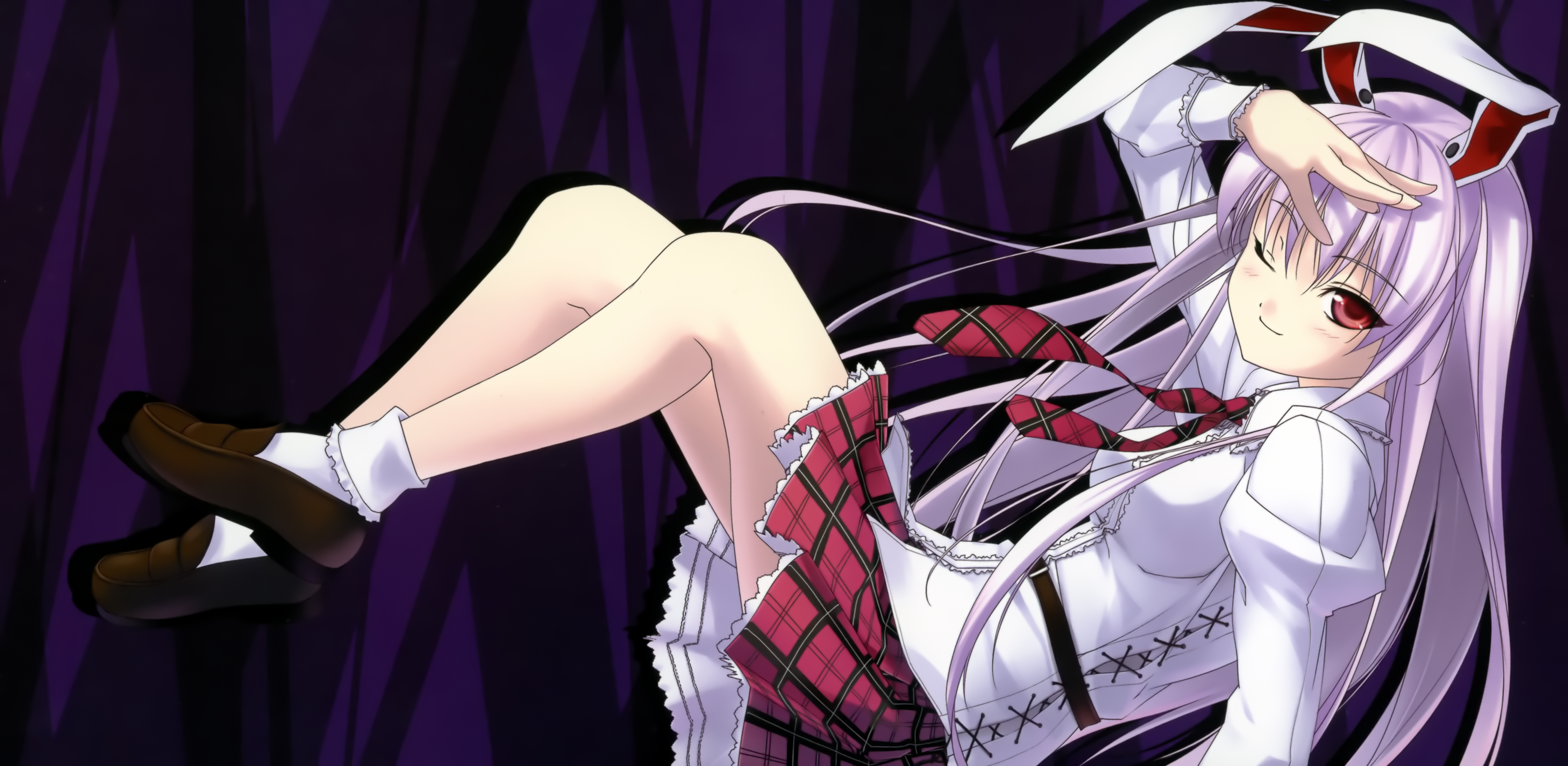 rokuwata tomoe, reisen udongein inaba, touhou, light purple hair, plaid neckwear, absurdres, highres, 1girl, ;), alternate costume, animal ears, bobby socks, cross-laced clothes, female focus, juliet sleeves, legs up, loafers, long hair, long sleeves, looking at viewer, miniskirt, necktie, one eye closed, plaid clothes, plaid necktie, plaid skirt, puffy sleeves, rabbit ears, red eyes, red necktie, shirt, shoes, skirt, smile, socks, solo, white shirt, white socks